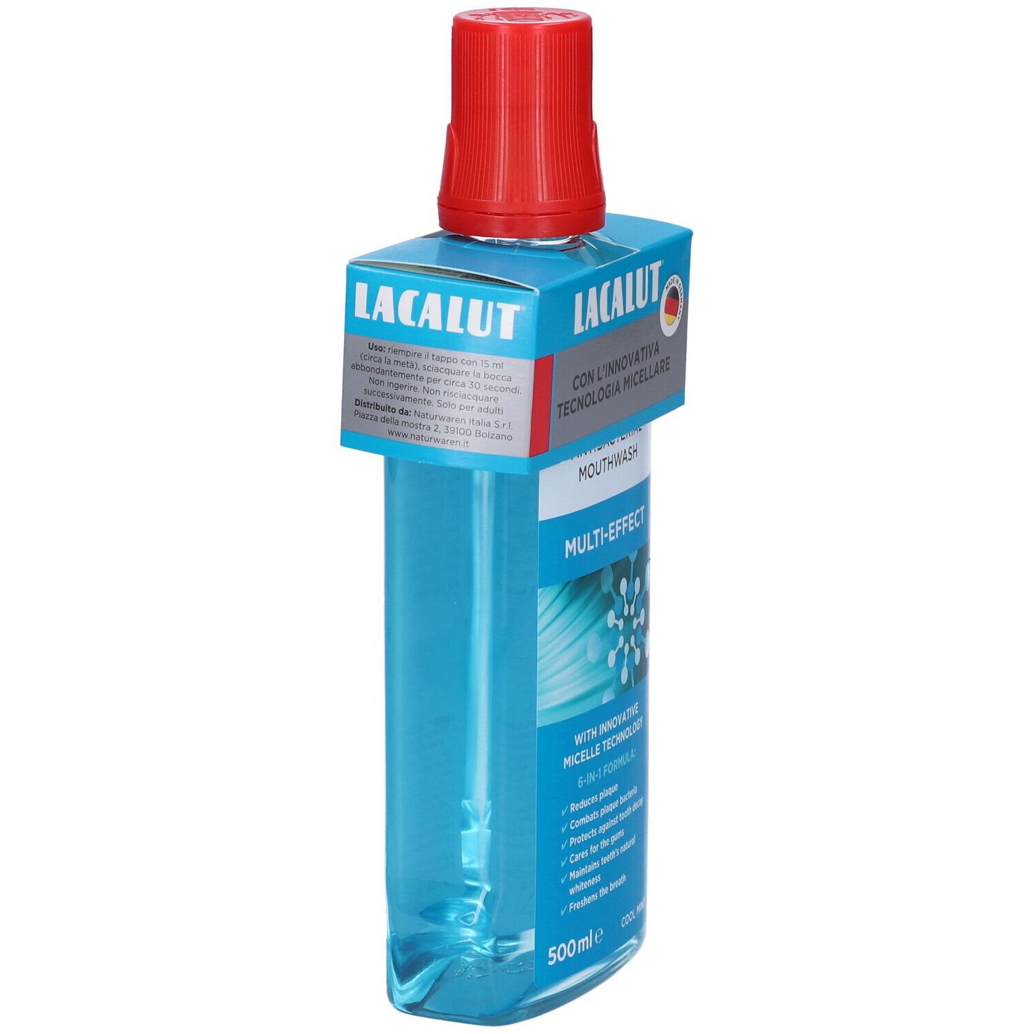Lacalut Mundspülung, 500ml, blaue Flüssigkeit, rote Kappe.