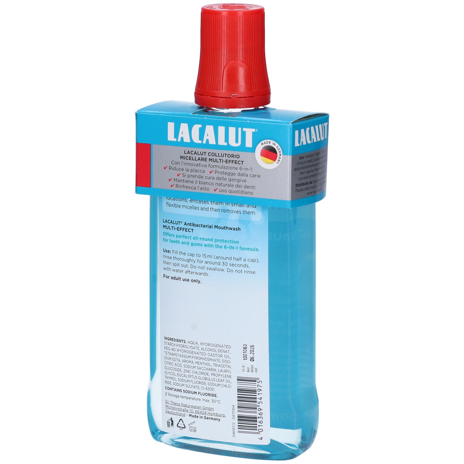 LACALUT Antibakterielles Mundwasser, 4-in-1-Formel, in klarer Plastikflasche mit rotem Verschluss.