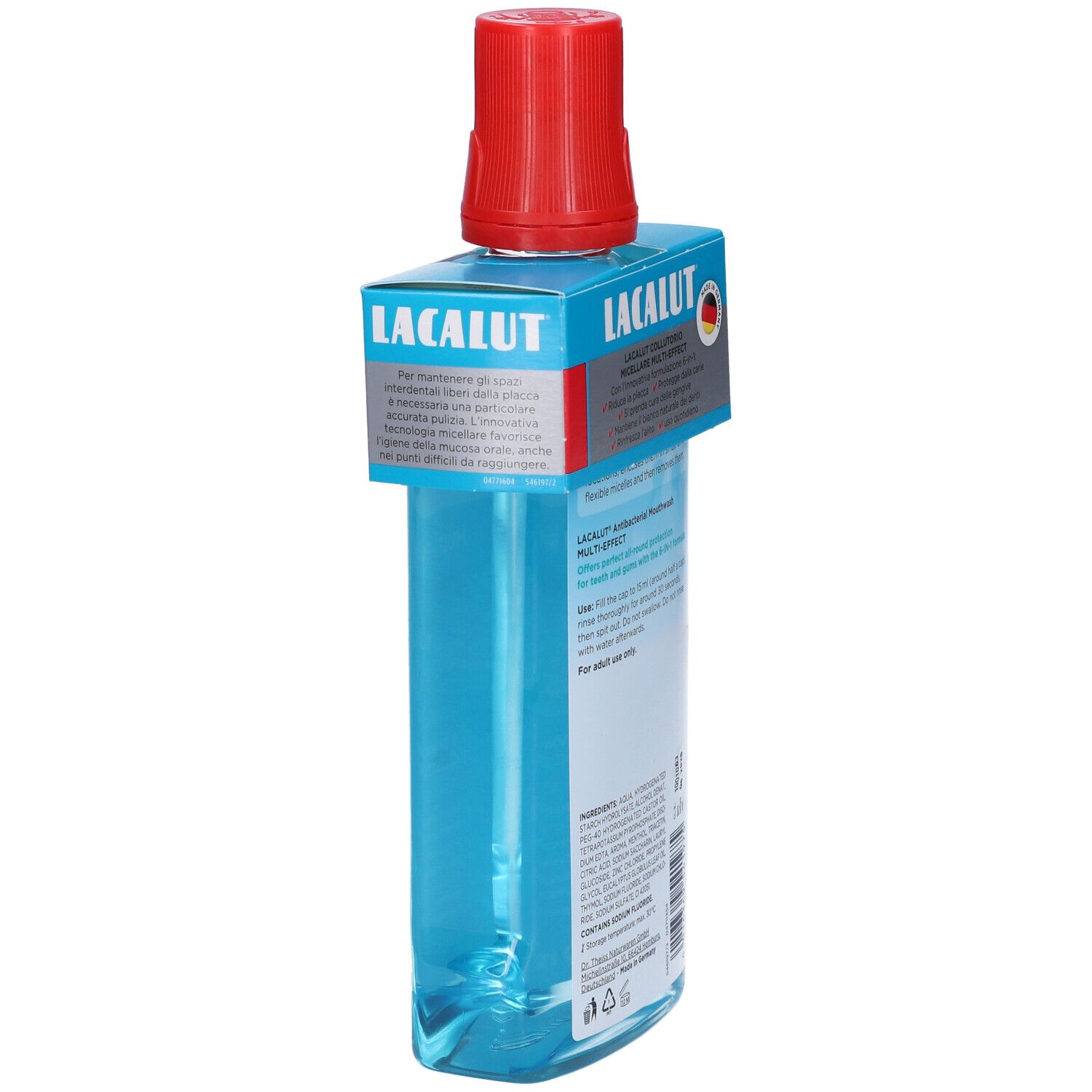 Lacalut Mundspülung in einer durchsichtigen blauen Flasche mit rotem Schraubverschluss. Kartonbanderole mit Produktinformationen.