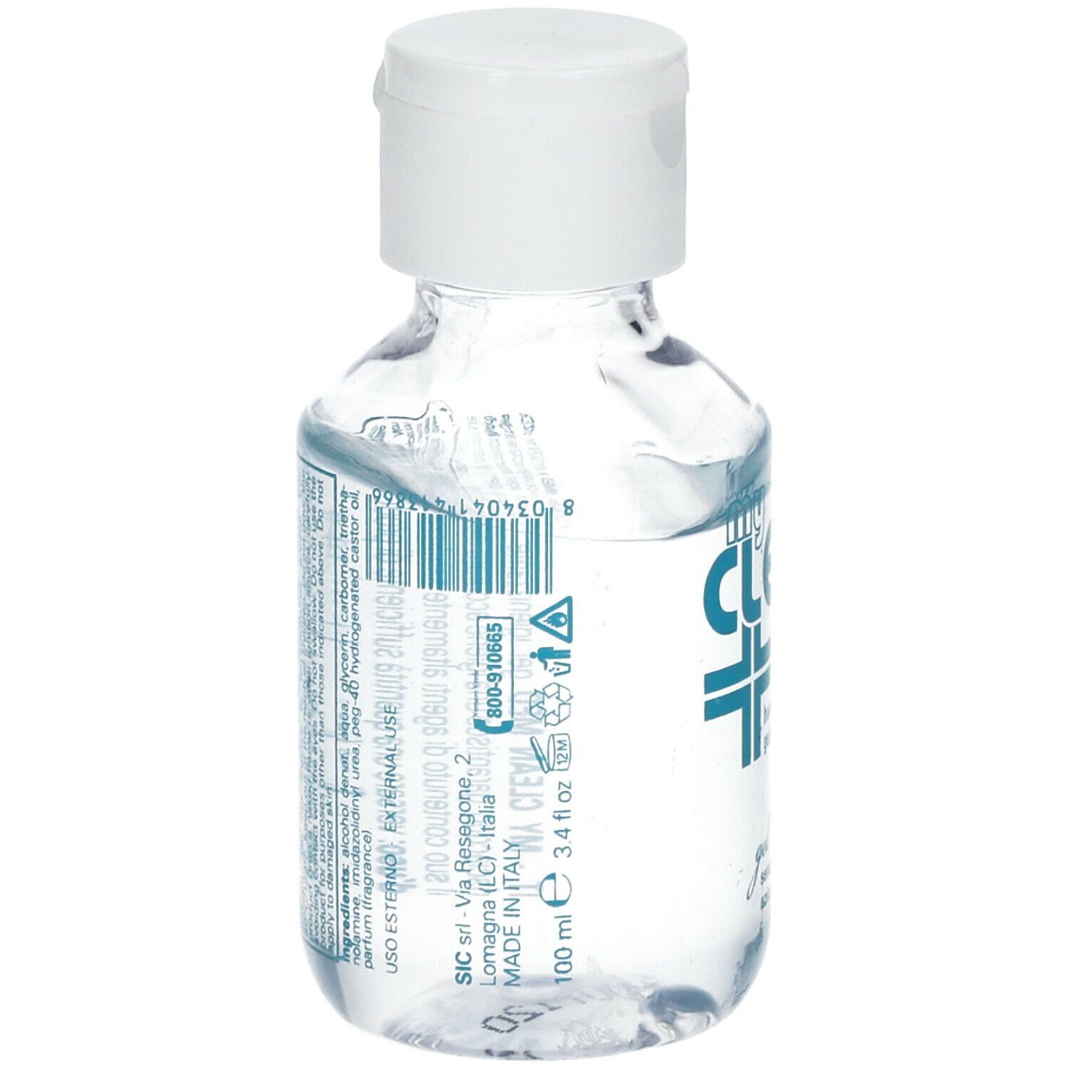 Flacone trasparente con tappo bianco. Retro con testo e codice a barre. Scritta: 100 ml.