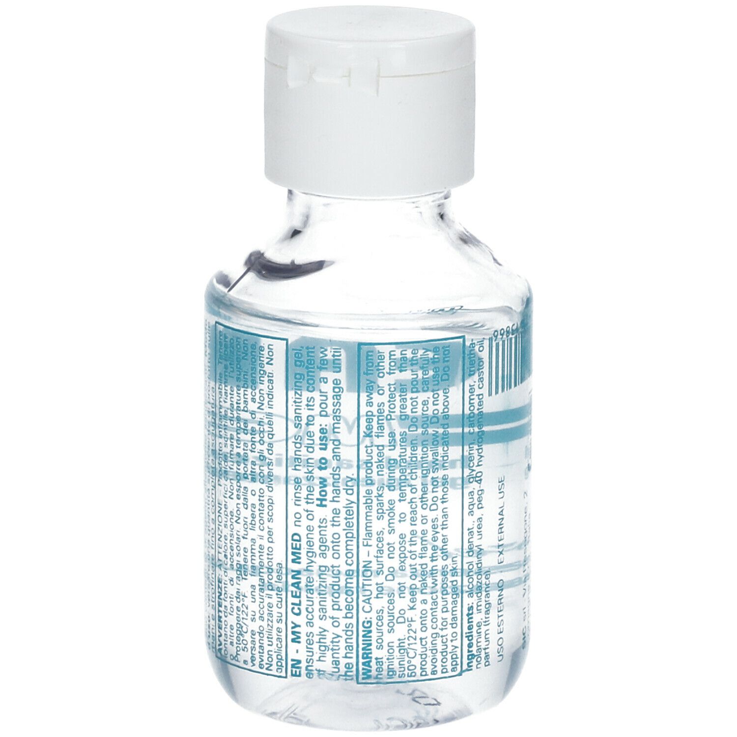 Flacone trasparente con tappo bianco. Retro con testo. Scritta: MY CLEAN MED.