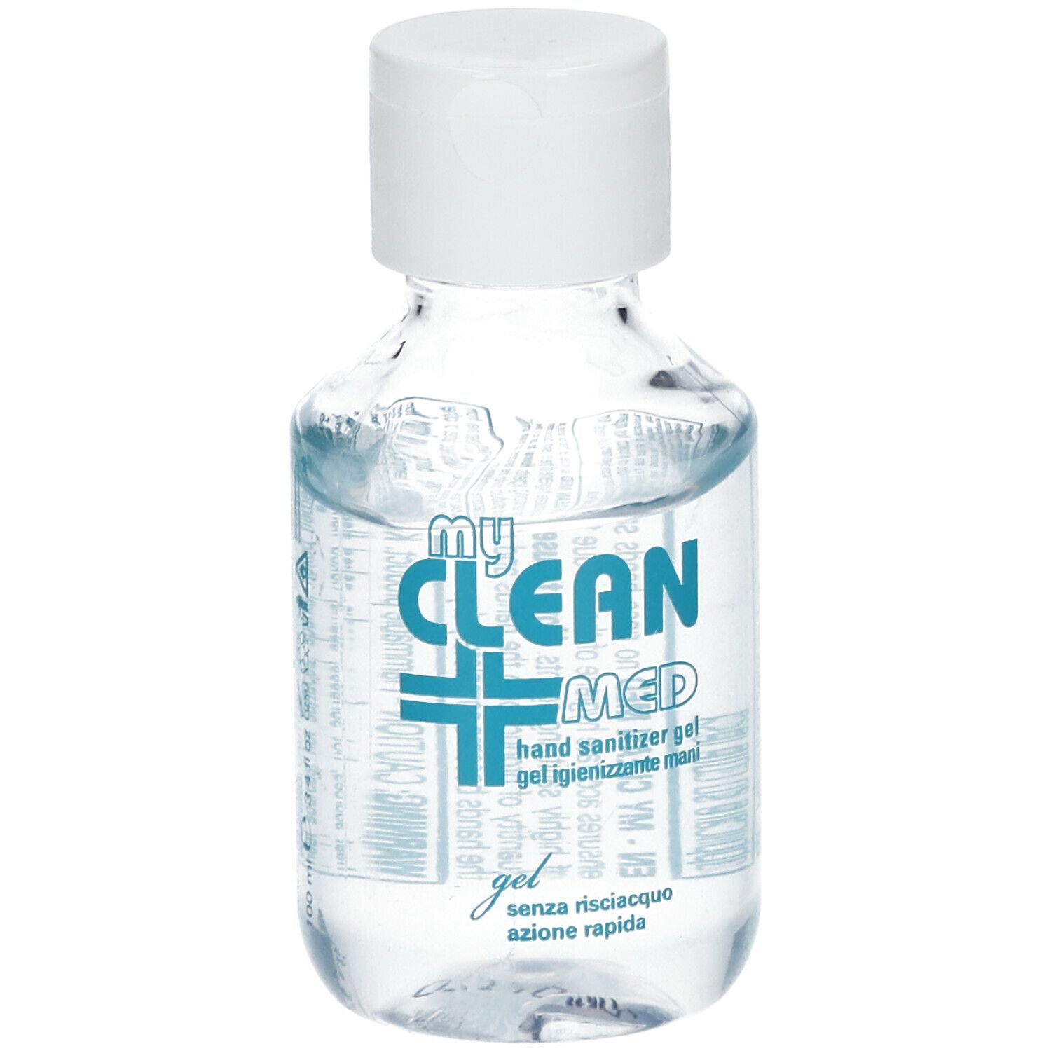 Flacone trasparente con tappo bianco. Scritta: My Clean Med Hand Sanitizer Gel. Visibile la consistenza in gel.