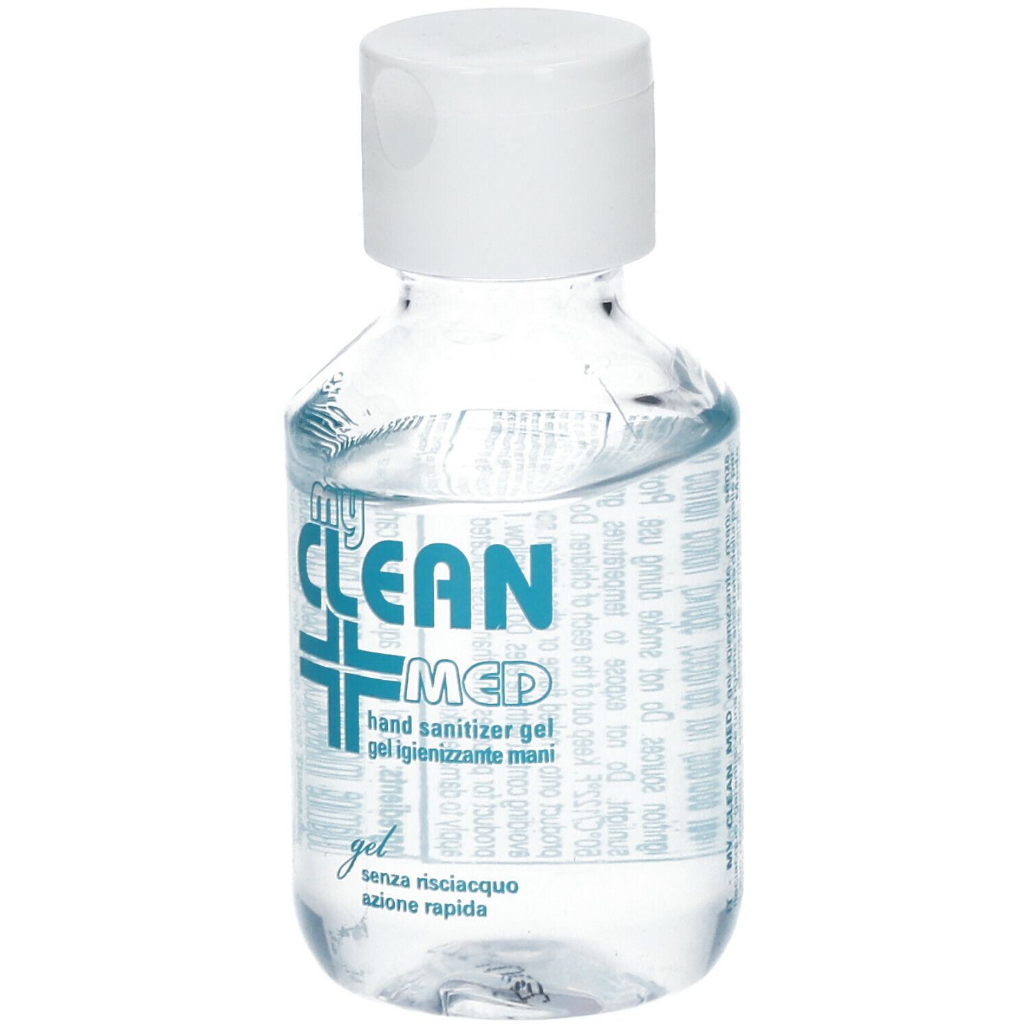 Flacone trasparente con tappo bianco. Scritta: My Clean Med Hand Sanitizer Gel. Visibile la consistenza in gel.