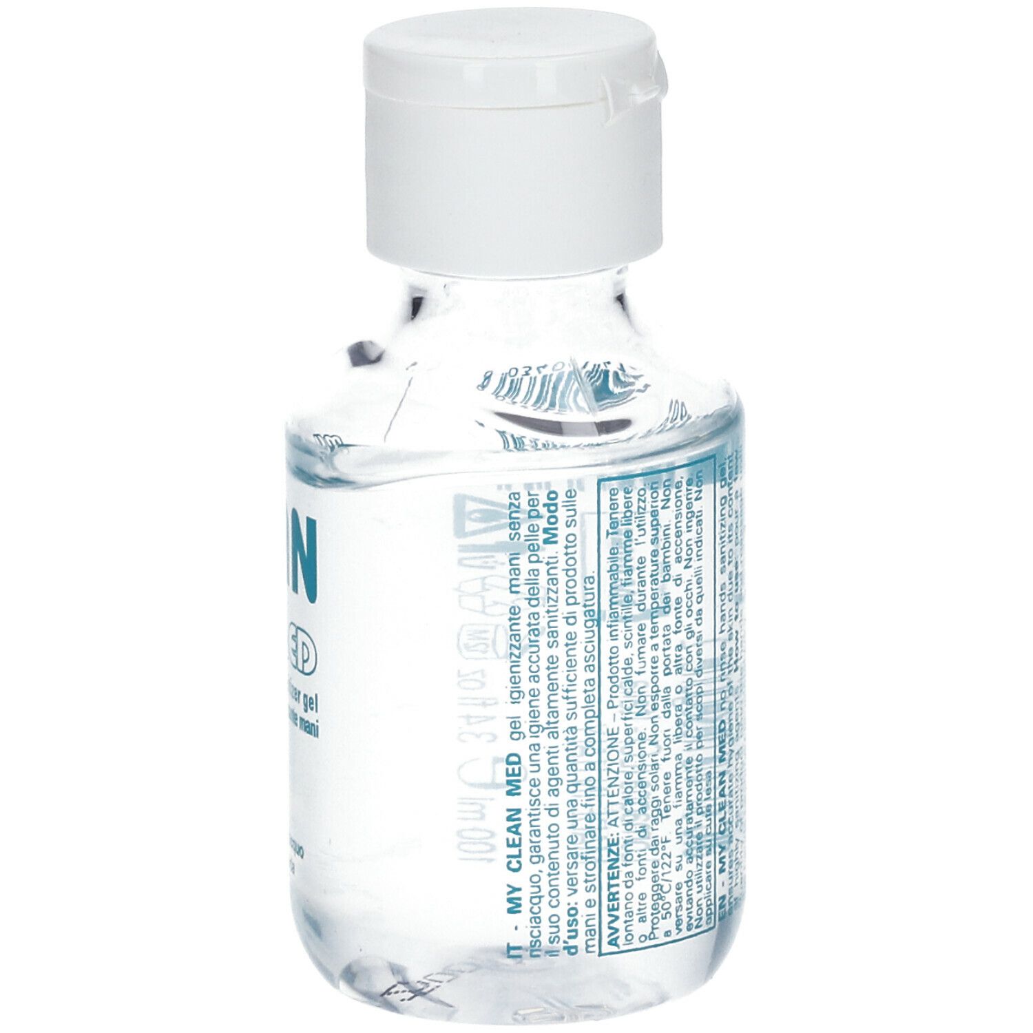 Flacone trasparente con tappo bianco. Retro con testo. Scritta: 100 ml.