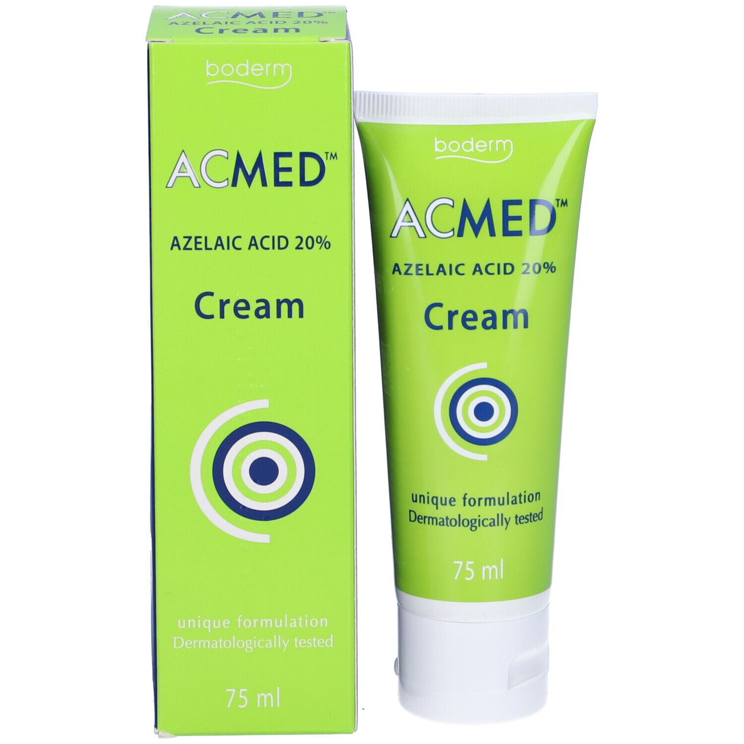 Produktpackung: Tube und Schachtel ACMED Cream. 75 ml. Grüne und weiße Elemente. Logo sichtbar.