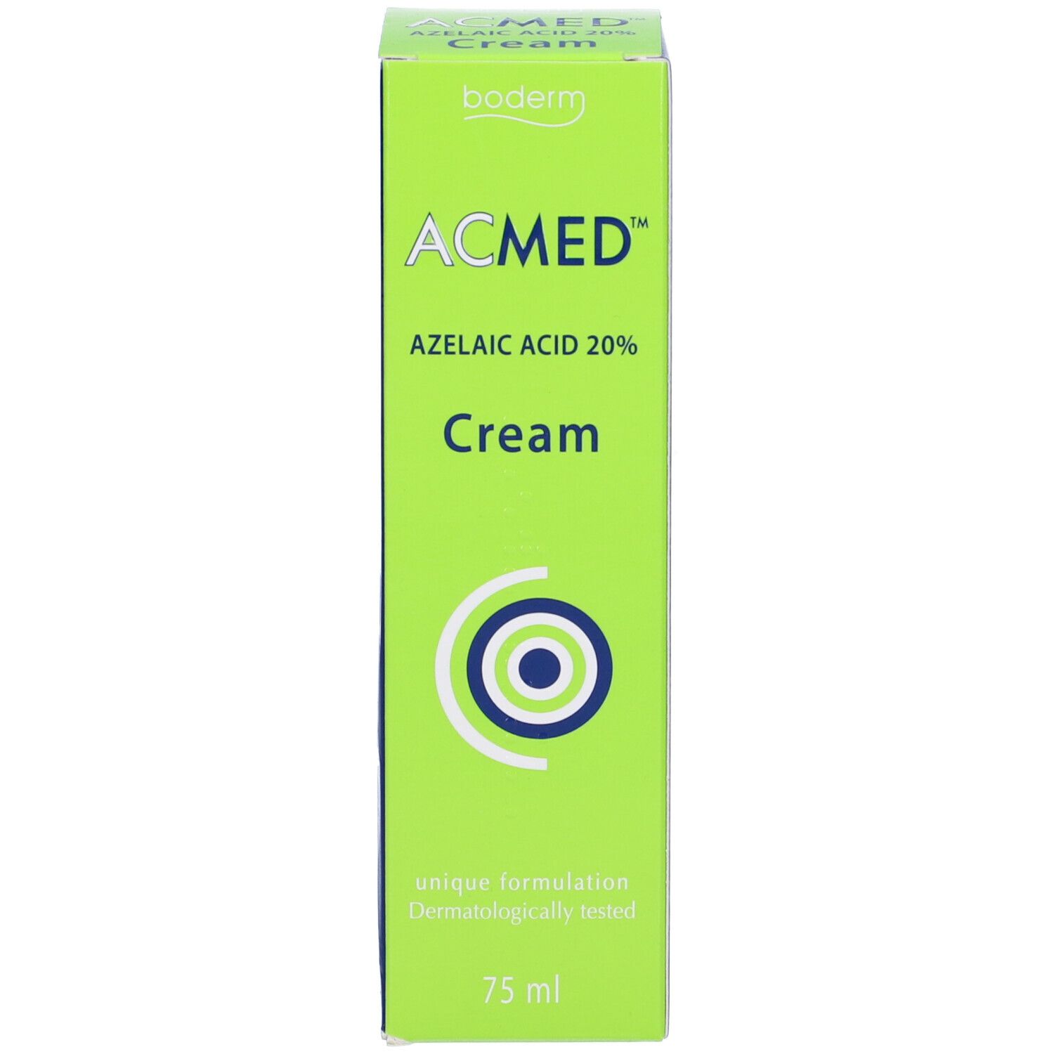 Grüne Schachtel ACMED Cream. Enthält Azelainsäure 20%. 75 ml. Logo und Produktinformationen.