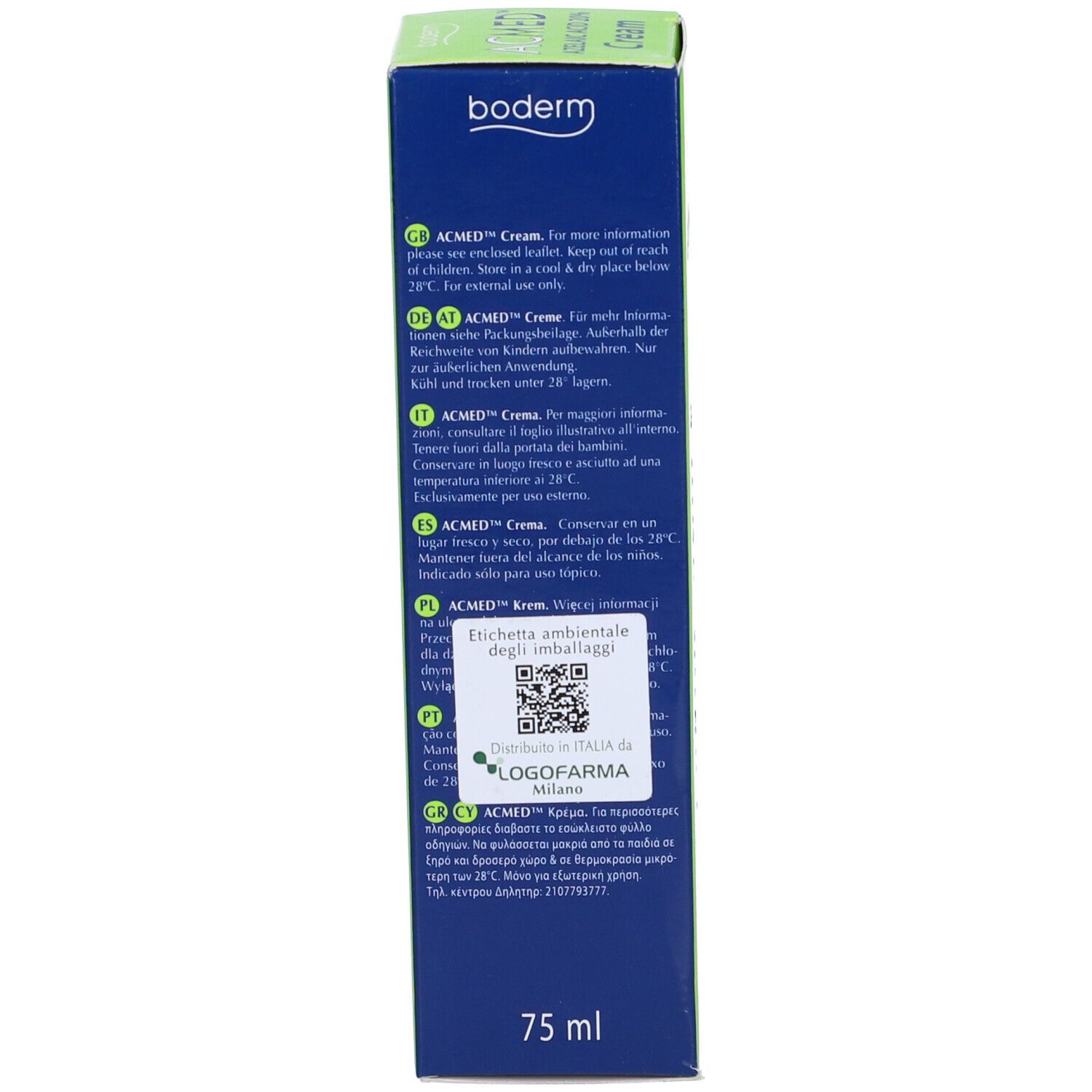 Blaue Schachtel ACMED Cream. Enthält Produktinformationen. Logo und QR-Code. 75 ml.