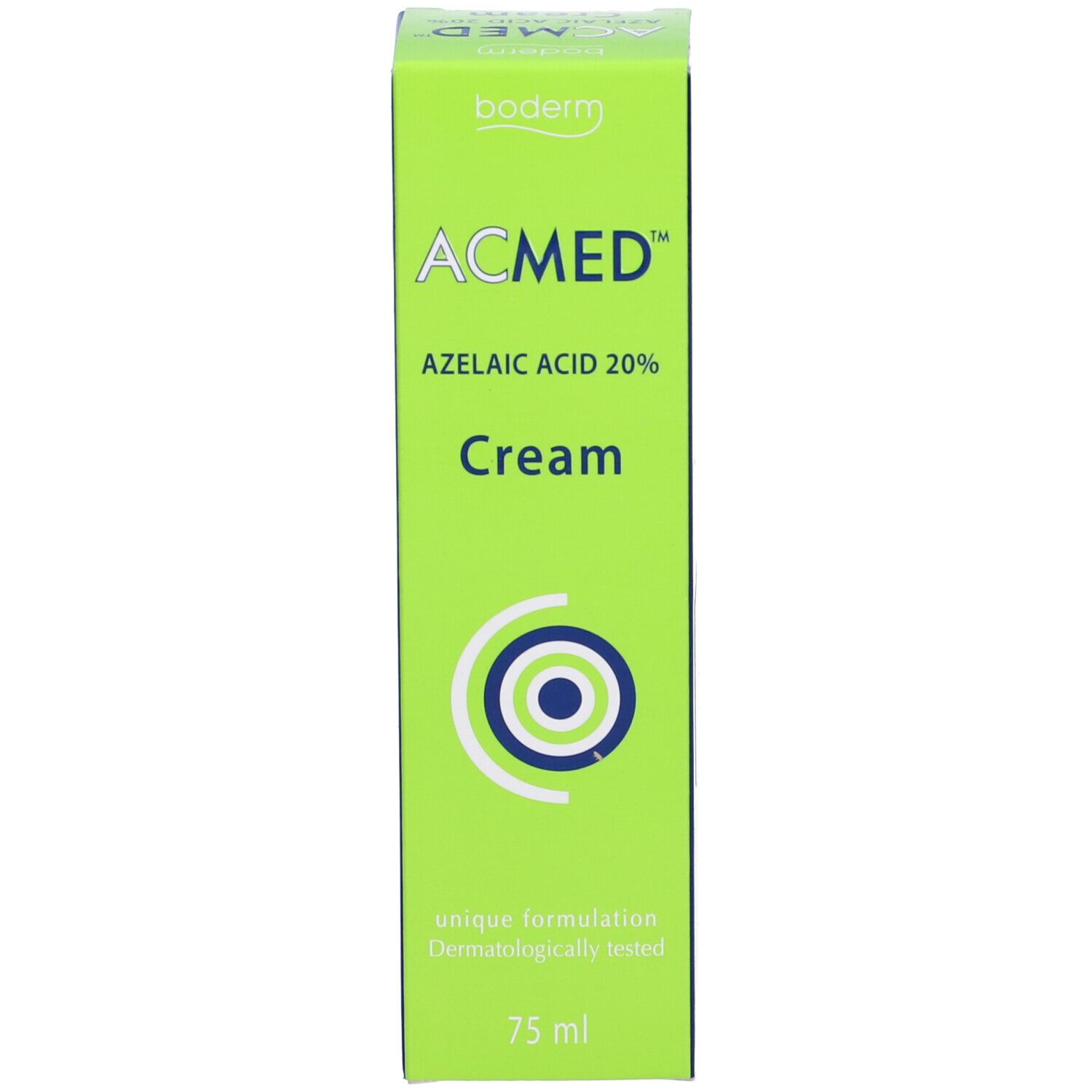 Grüne Schachtel ACMED Cream. Enthält Azelainsäure 20%. 75 ml. Logo und Produktinformationen.