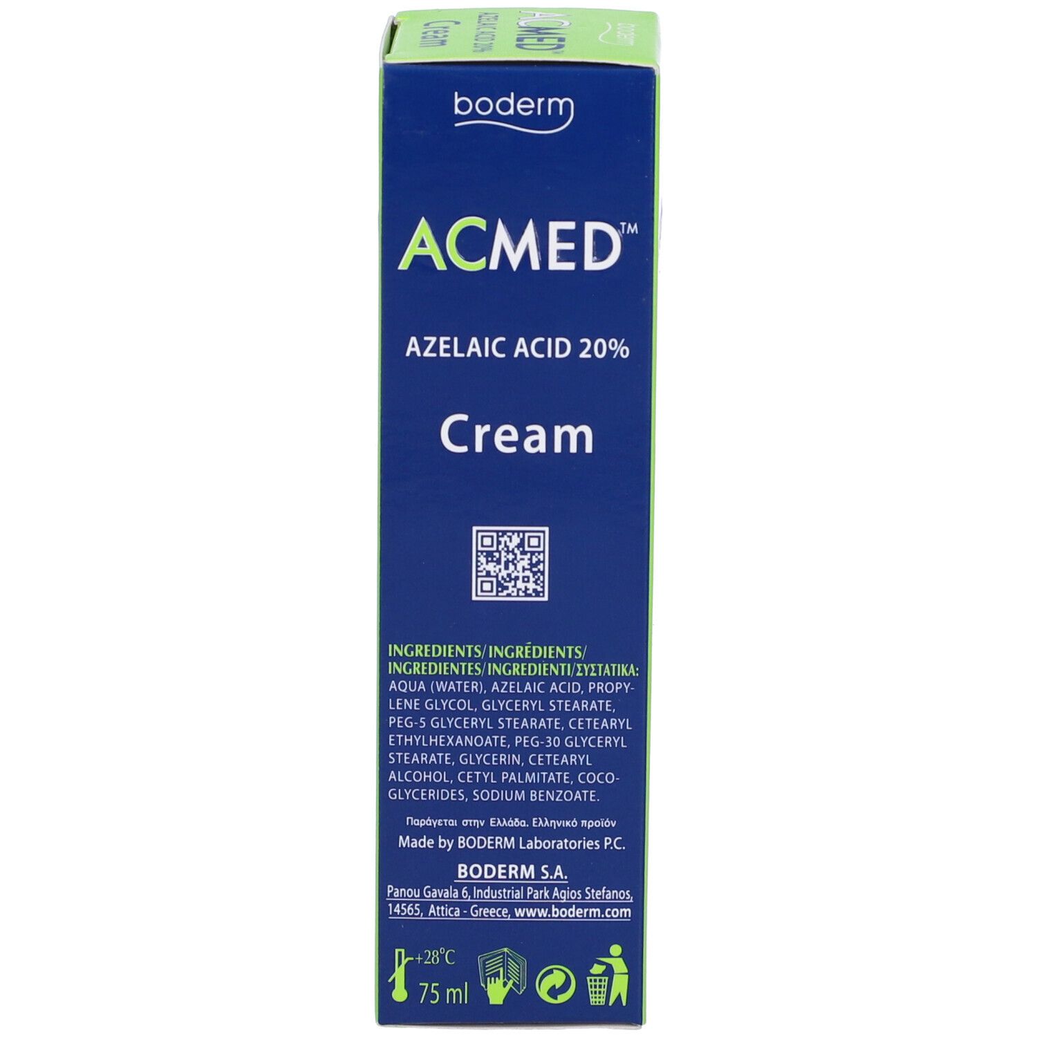 Blaue Schachtel ACMED Cream. Enthält Inhaltsstoffe und Produktinformationen. 75 ml.