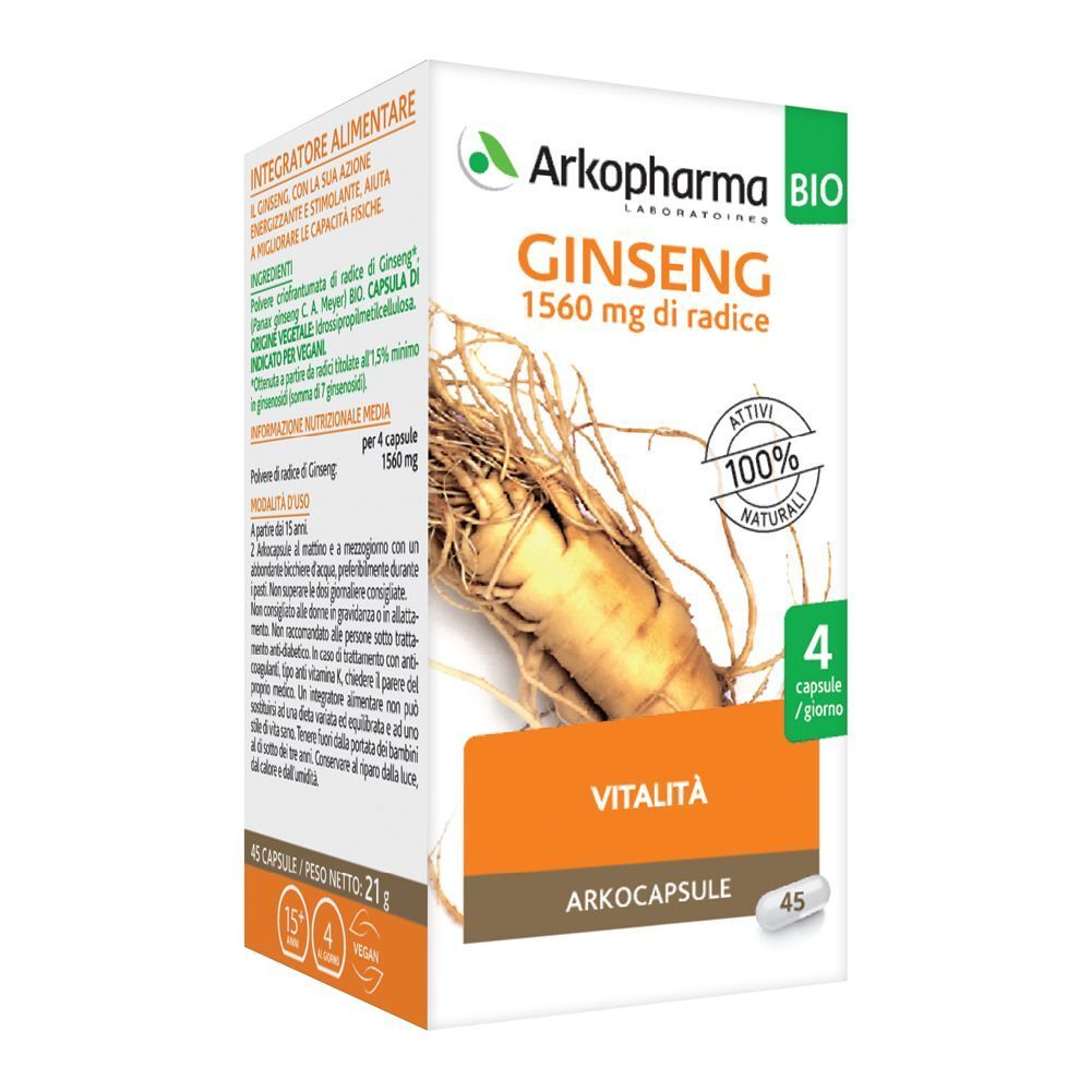Scatola Arkopharma Ginseng. Contiene 45 capsule. Scritta: Ginseng 1560 mg di radice. Certificazione bio.
