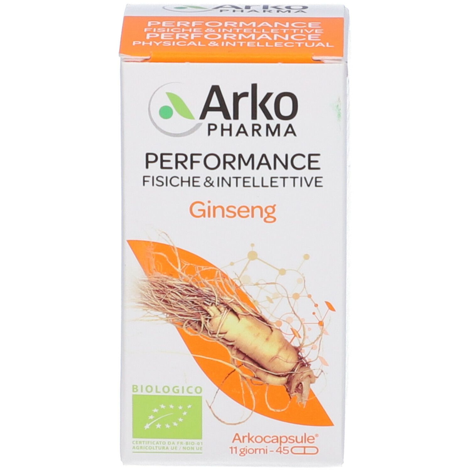 Scatola Arkopharma Ginseng. Scritta: Performance, Ginseng. Certificazione bio. 45 capsule.