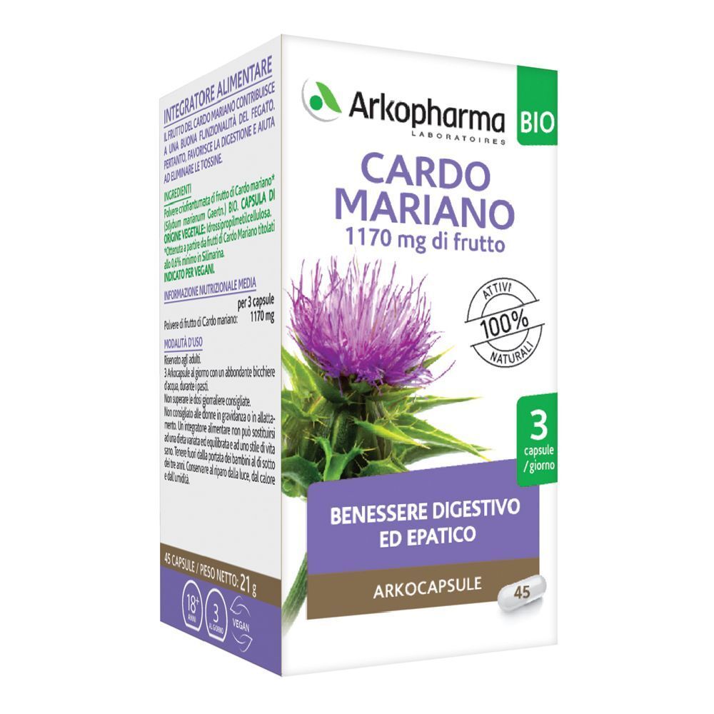 Scatola Arkopharma Cardo Mariano. Scritto: Cardo Mariano, 1170 mg, 3 capsule/giorno, 45 capsule. Certificazione BIO.