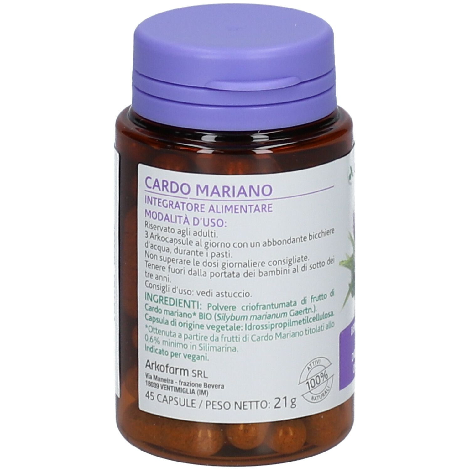 Flacone marrone Arkopharma Cardo Mariano. Coperchio viola. Scritto: Cardo Mariano, 3 capsule/giorno, 45 capsule. BIO.