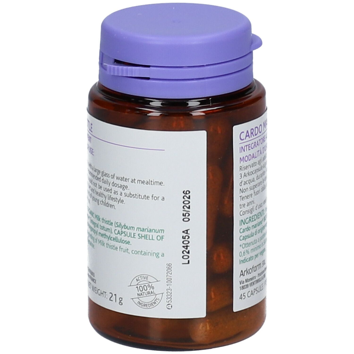 Flacone marrone Arkopharma Cardo Mariano. Coperchio viola. Scritto: Cardo Mariano, 3 capsule/giorno, 45 capsule. BIO.