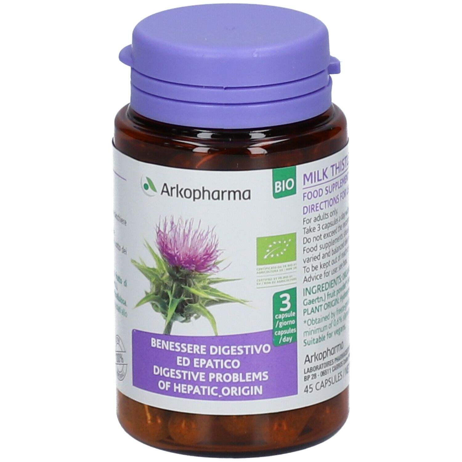 Flacone marrone Arkopharma Cardo Mariano. Coperchio viola. Scritto: Cardo Mariano, 3 capsule/giorno, 45 capsule. BIO.