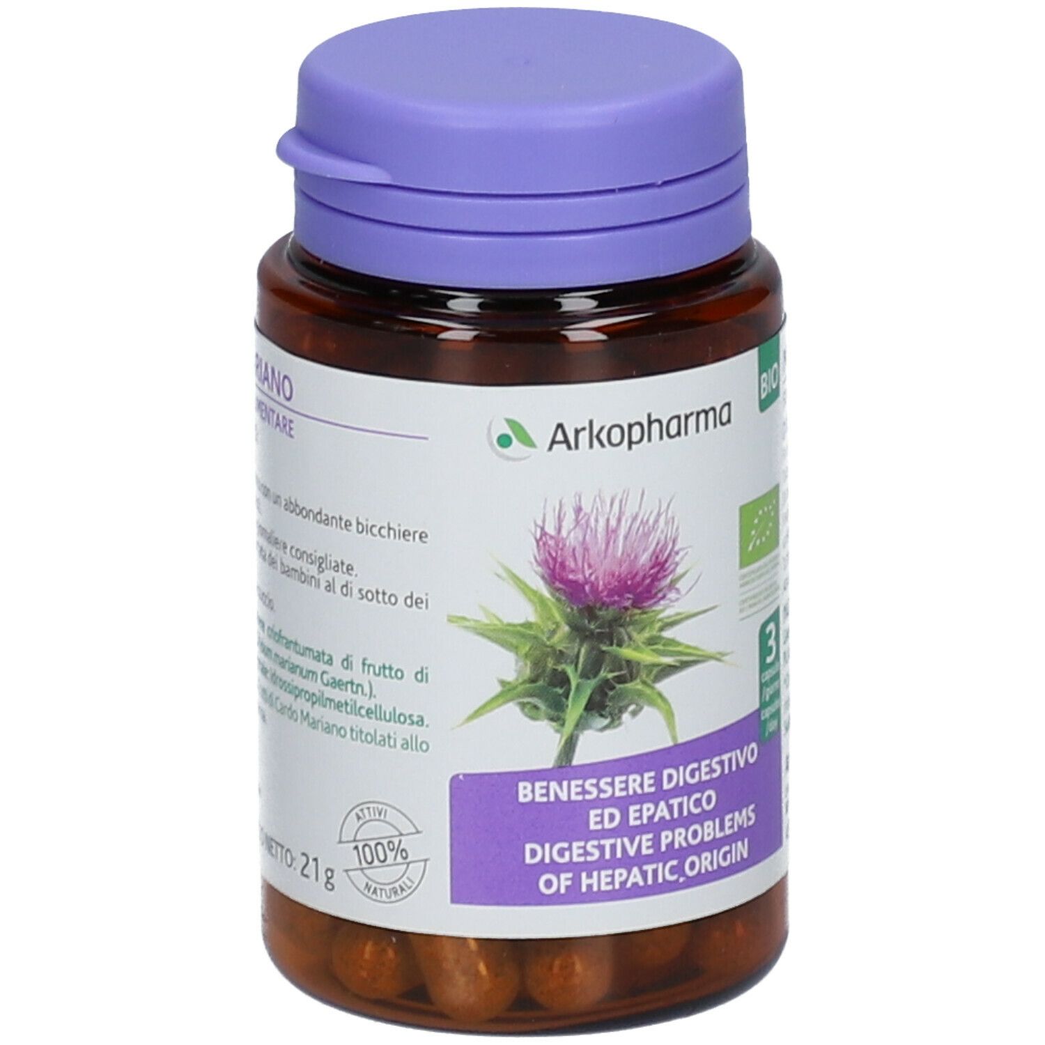 Flacone marrone Arkopharma Cardo Mariano. Coperchio viola. Scritto: Cardo Mariano, 3 capsule/giorno, 45 capsule. BIO.
