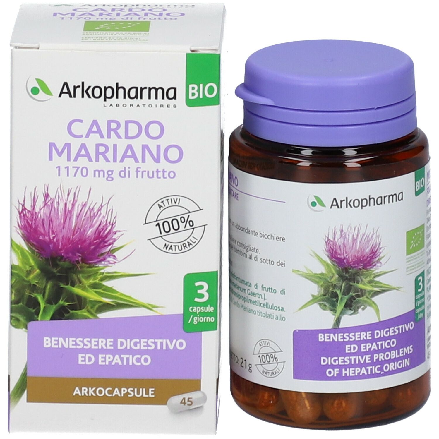 Scatola e flacone Arkopharma Cardo Mariano. Scritto: Cardo Mariano, 3 capsule/giorno, 45 capsule. BIO.