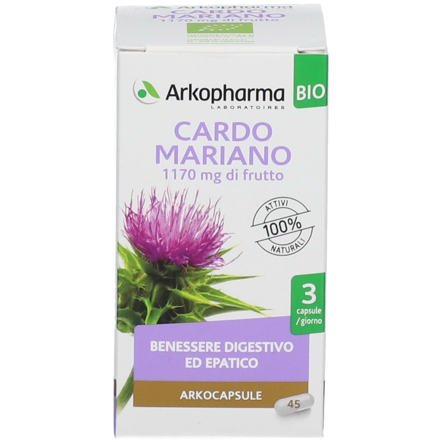 Scatola Arkopharma Cardo Mariano. Scritto: Cardo Mariano, 3 capsule/giorno, 45 capsule. BIO.