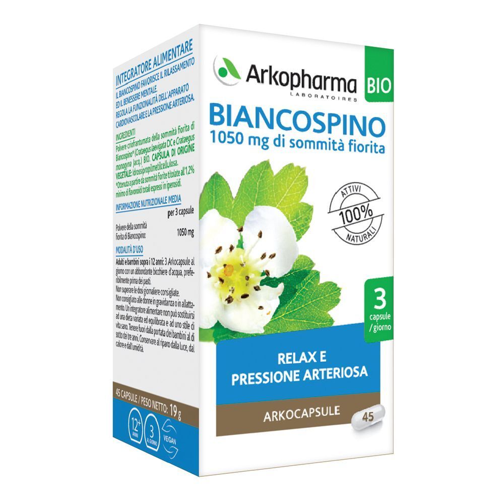 Scatola Arkocapsule Biancospino. Scritta: 1050 mg di sommità fiorita. 45 capsule. Certificazione BIO.
