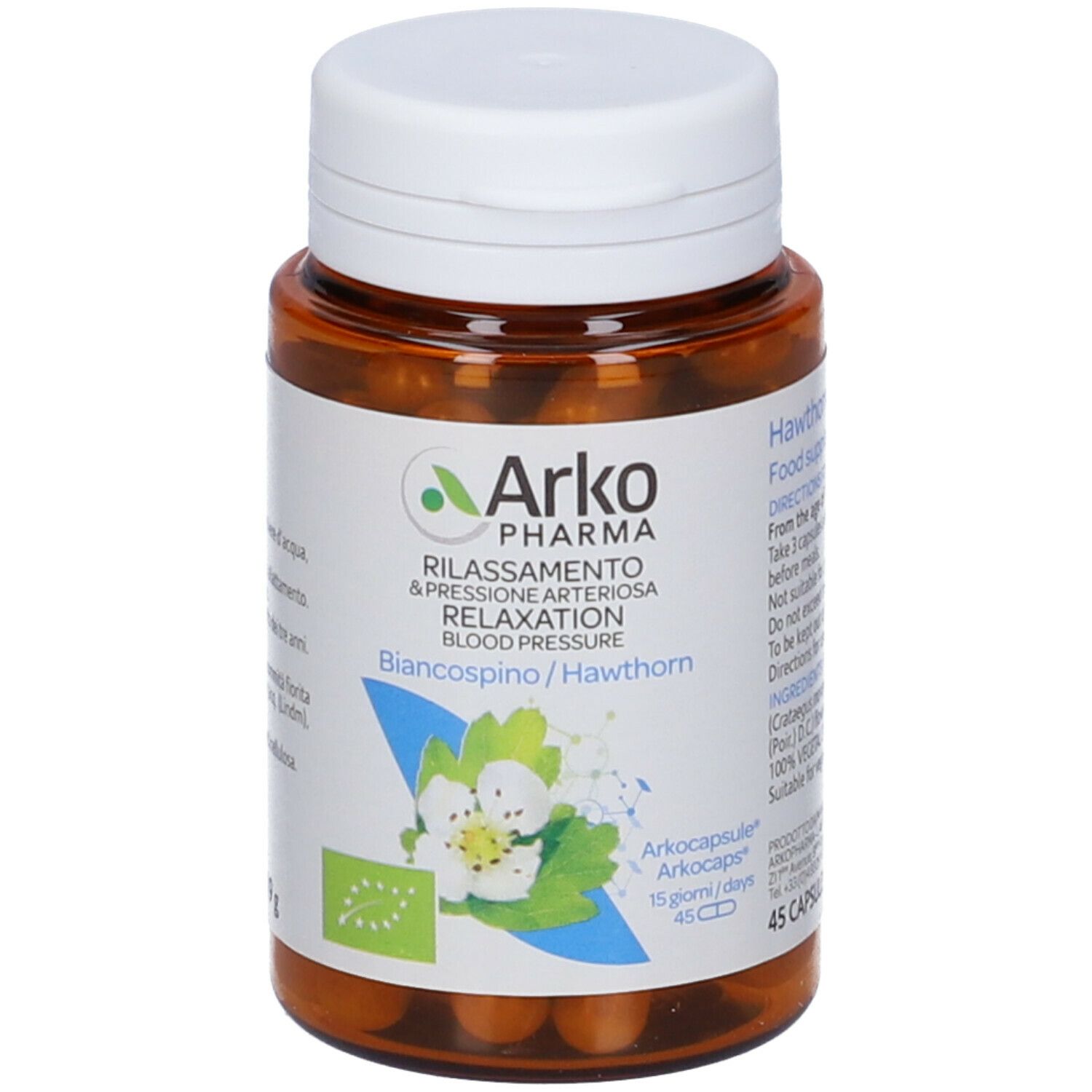 Flacone marrone con capsule bianche. Scritta: Arkopharma, Biancospino/Hawthorn. 45 capsule. Certificazione BIO.