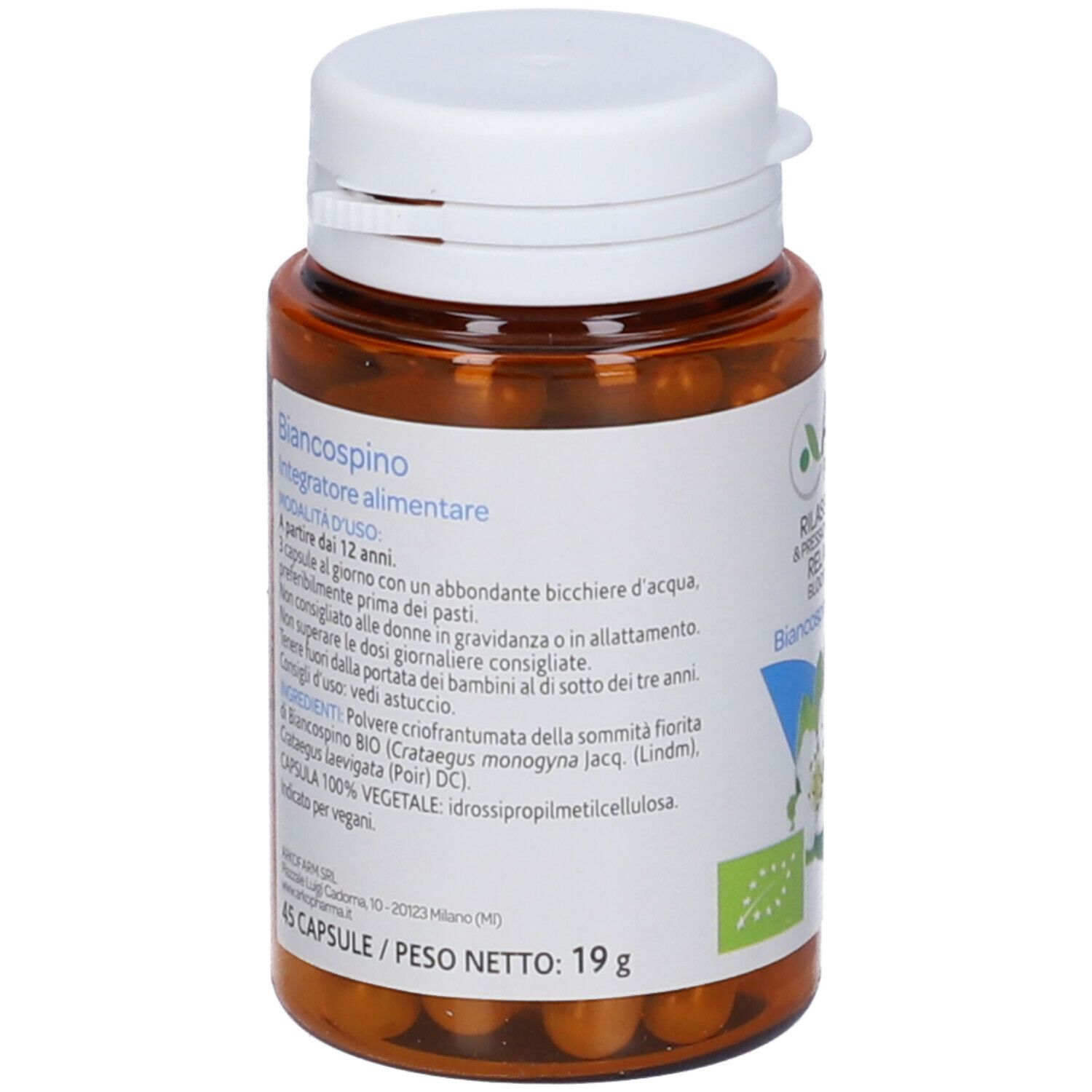 Flacone marrone con tappo bianco. Scritta: Biancospino, Integratore alimentare. 45 capsule. 19 g.