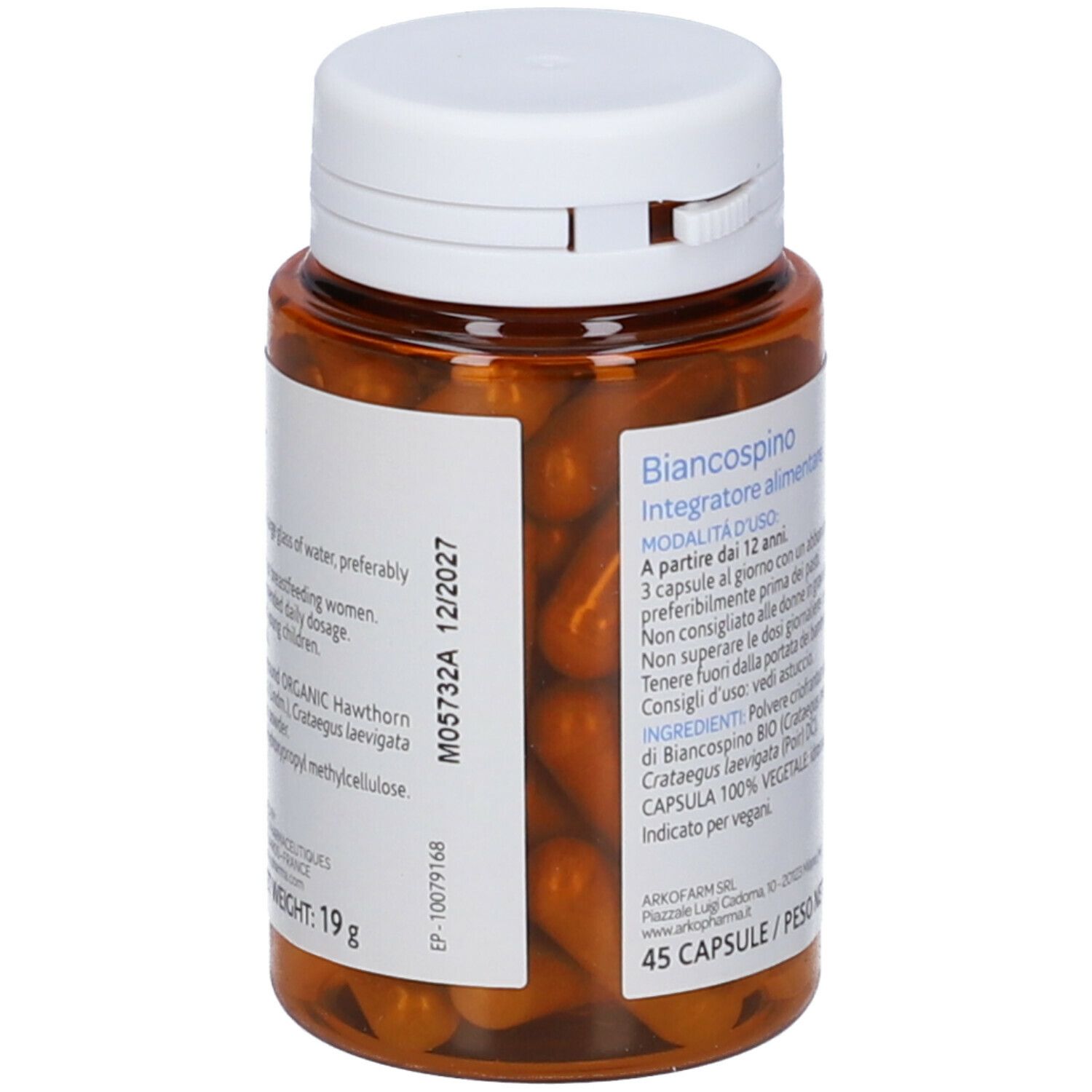 Flacone marrone con tappo bianco. Scritta: Biancospino, Integratore alimentare. 45 capsule. 19 g. Scadenza 12/2027.