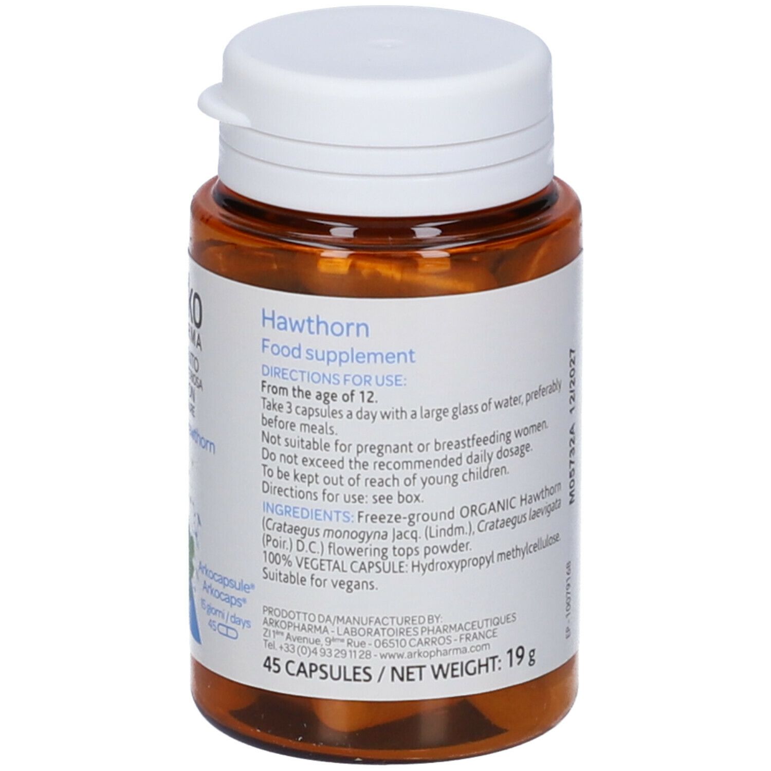 Flacone marrone con tappo bianco. Scritta: Hawthorn, Food supplement. 45 capsule. 19 g.