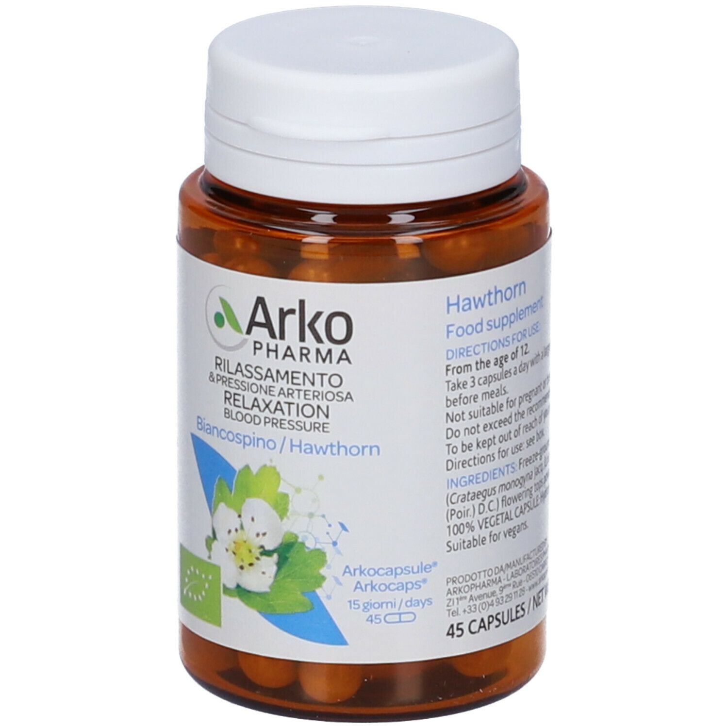 Flacone marrone con capsule bianche. Scritta: Arkopharma, Biancospino/Hawthorn. 45 capsule. Certificazione BIO.