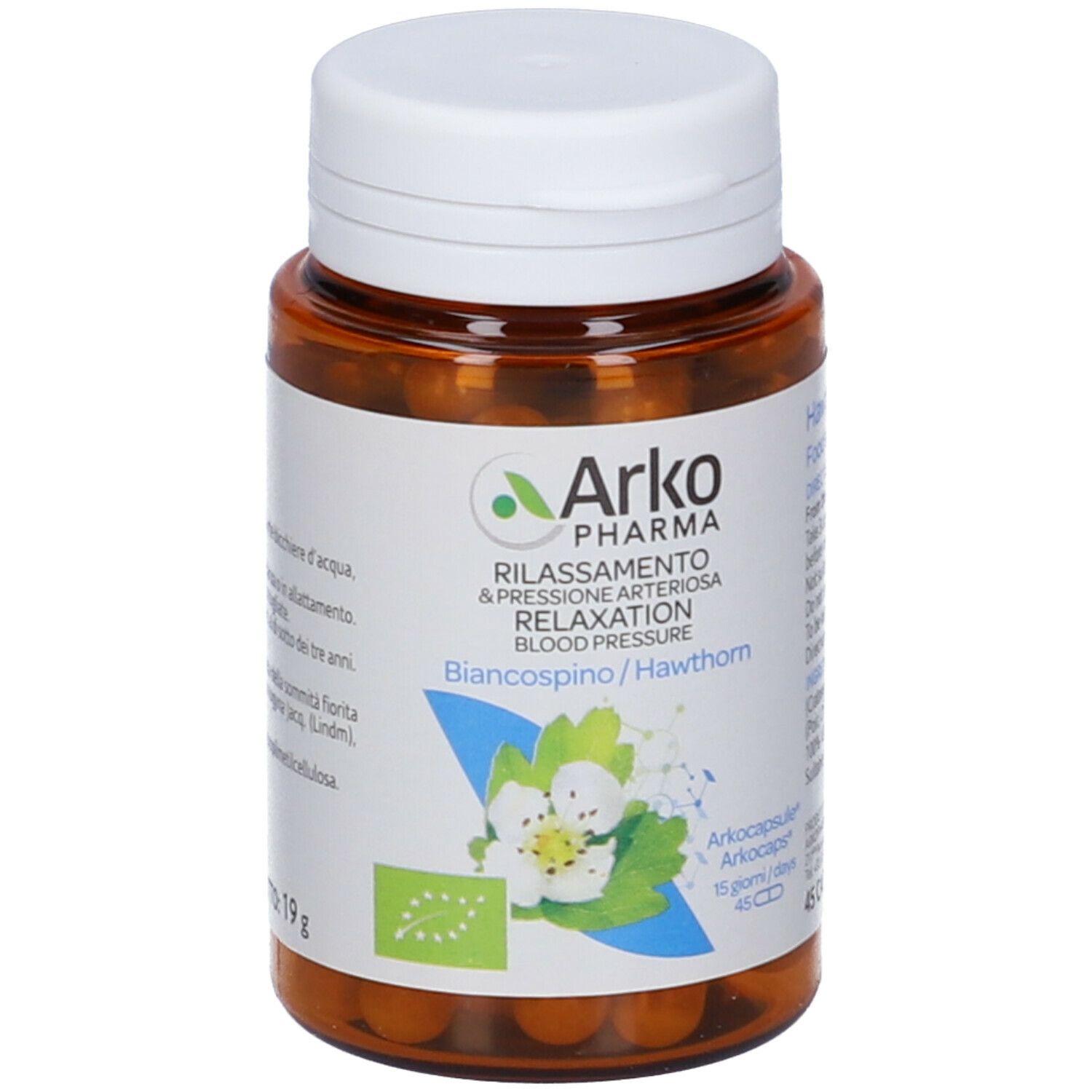 Flacone marrone con capsule bianche. Scritta: Arkopharma, Biancospino/Hawthorn. 45 capsule. Certificazione BIO.