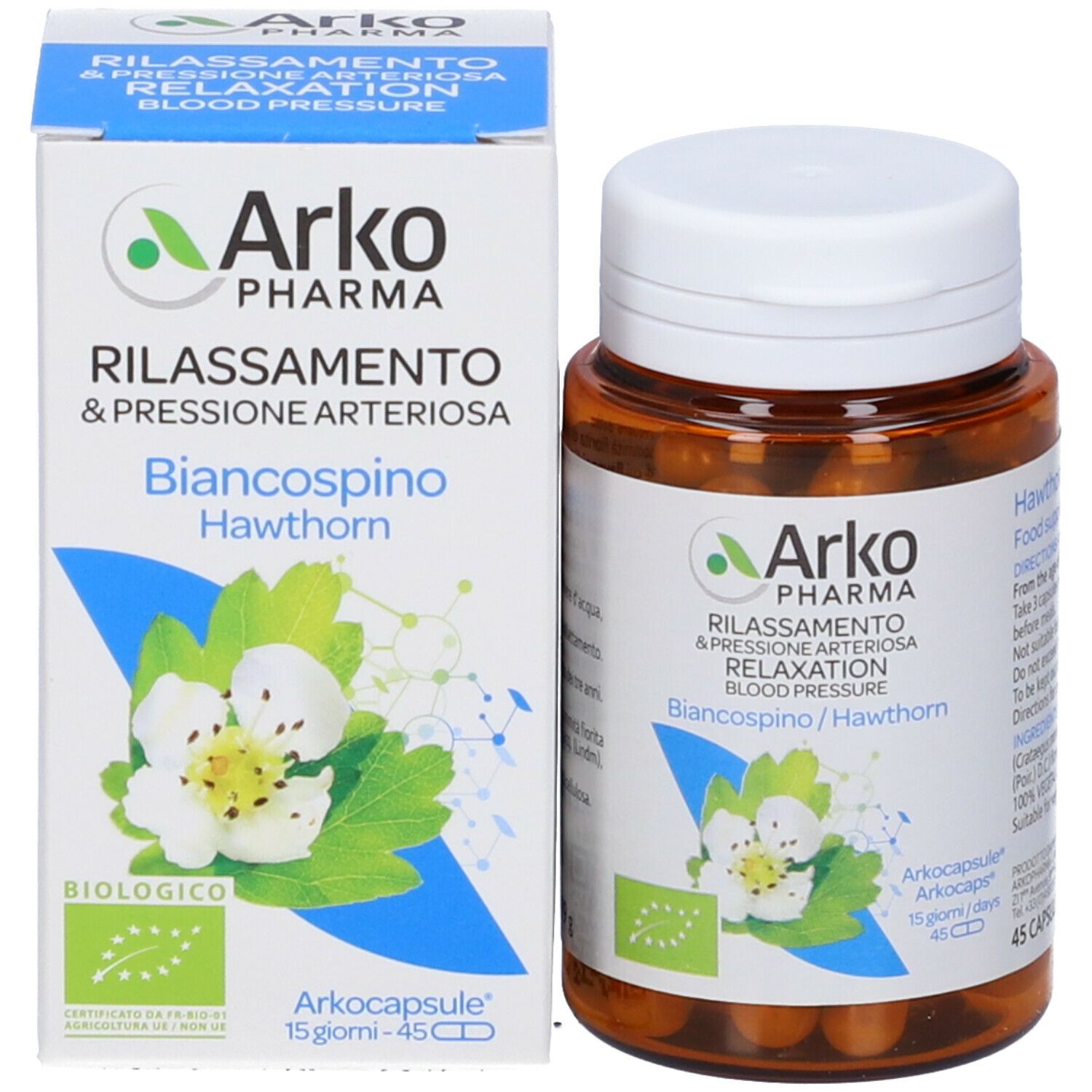 Scatola e flacone di capsule. Scritta: Arkopharma, Biancospino/Hawthorn. 45 capsule. Certificazione BIO.