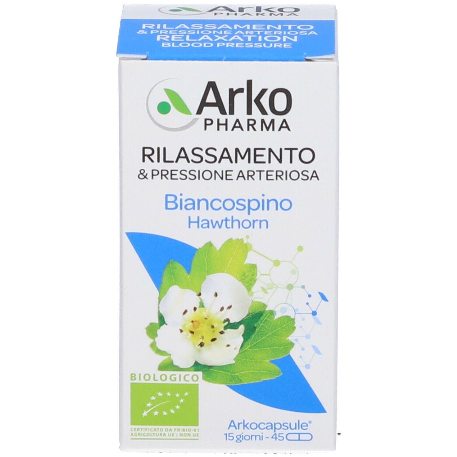 Scatola di capsule. Scritta: Arkopharma, Biancospino/Hawthorn. 45 capsule. Certificazione BIO.