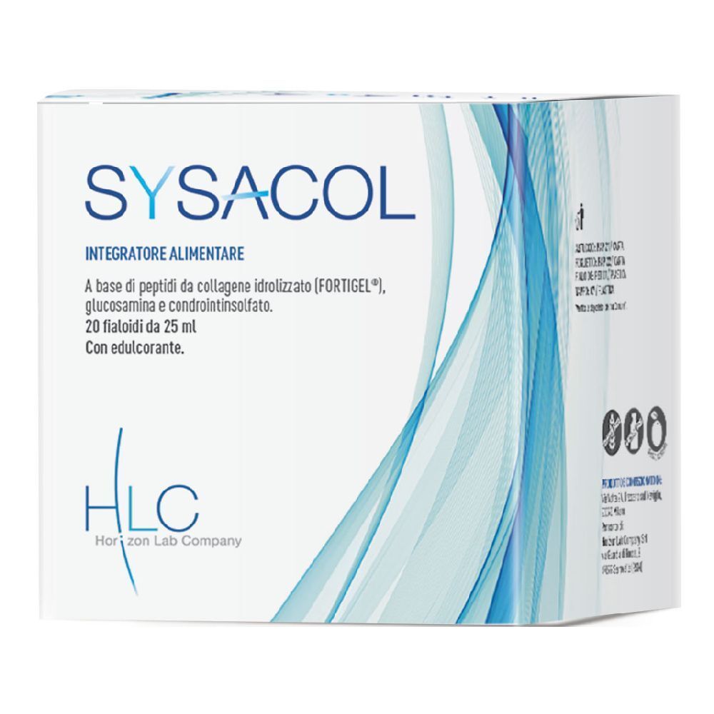 Scatola Sysacol con onde blu. Contiene 20 fiale da 25 ml. Ingredienti: peptidi di collagene, glucosamina, condroitina. Logo HLC.