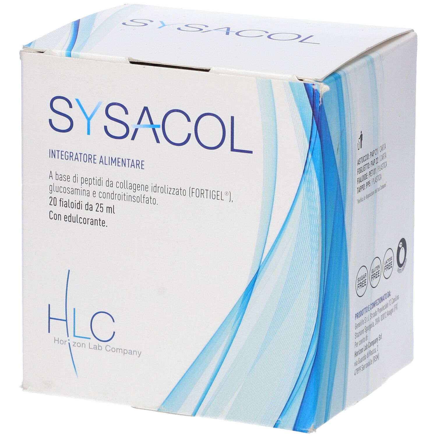 Scatola Sysacol inclinata. 20 fiale da 25 ml. Senza zucchero, glutine e lattosio. Ingredienti: peptidi, glucosamina, condroitina. Logo HLC.