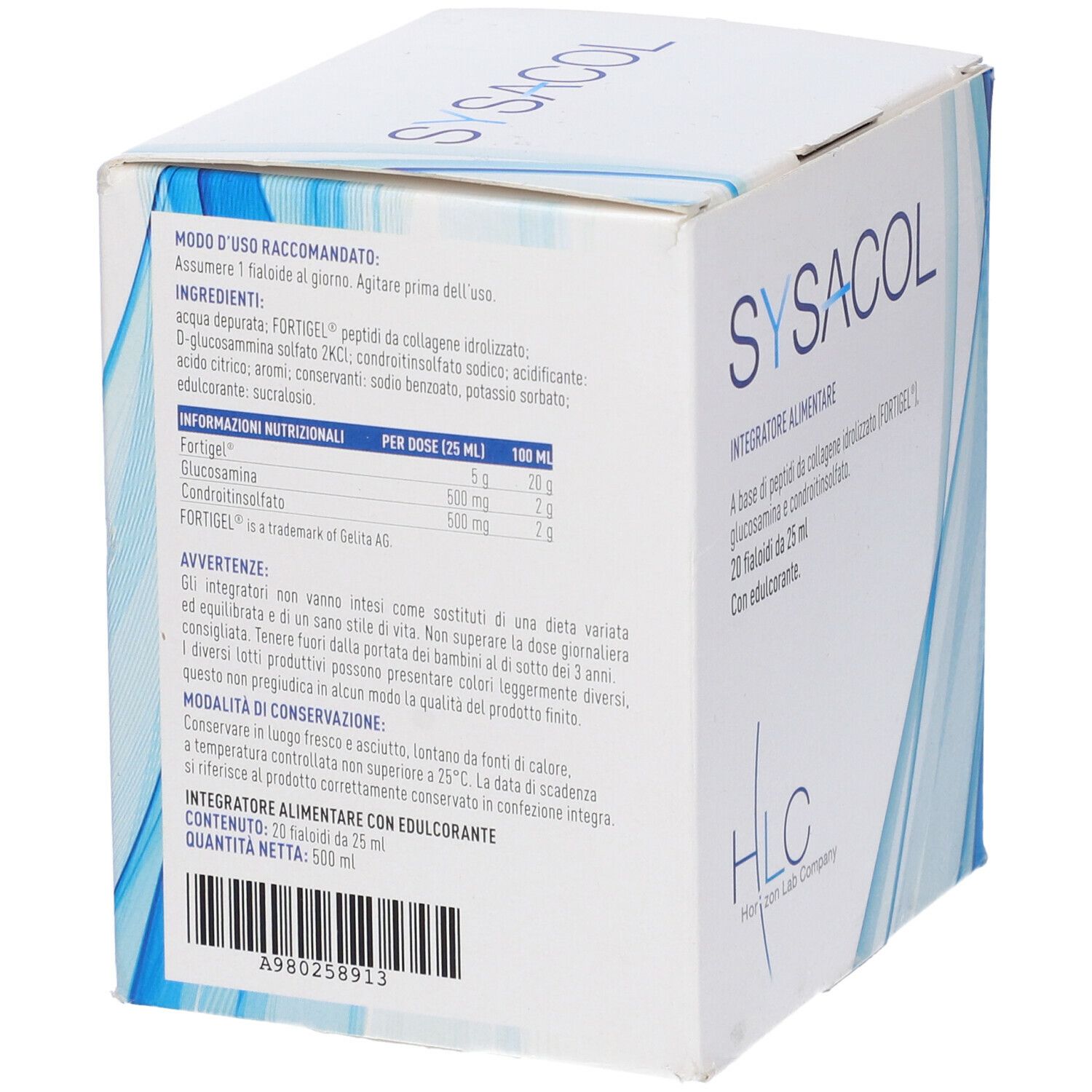 Retro della scatola Sysacol. Ingredienti, informazioni nutrizionali, avvertenze, conservazione. 20 fiale da 25 ml. Logo HLC.