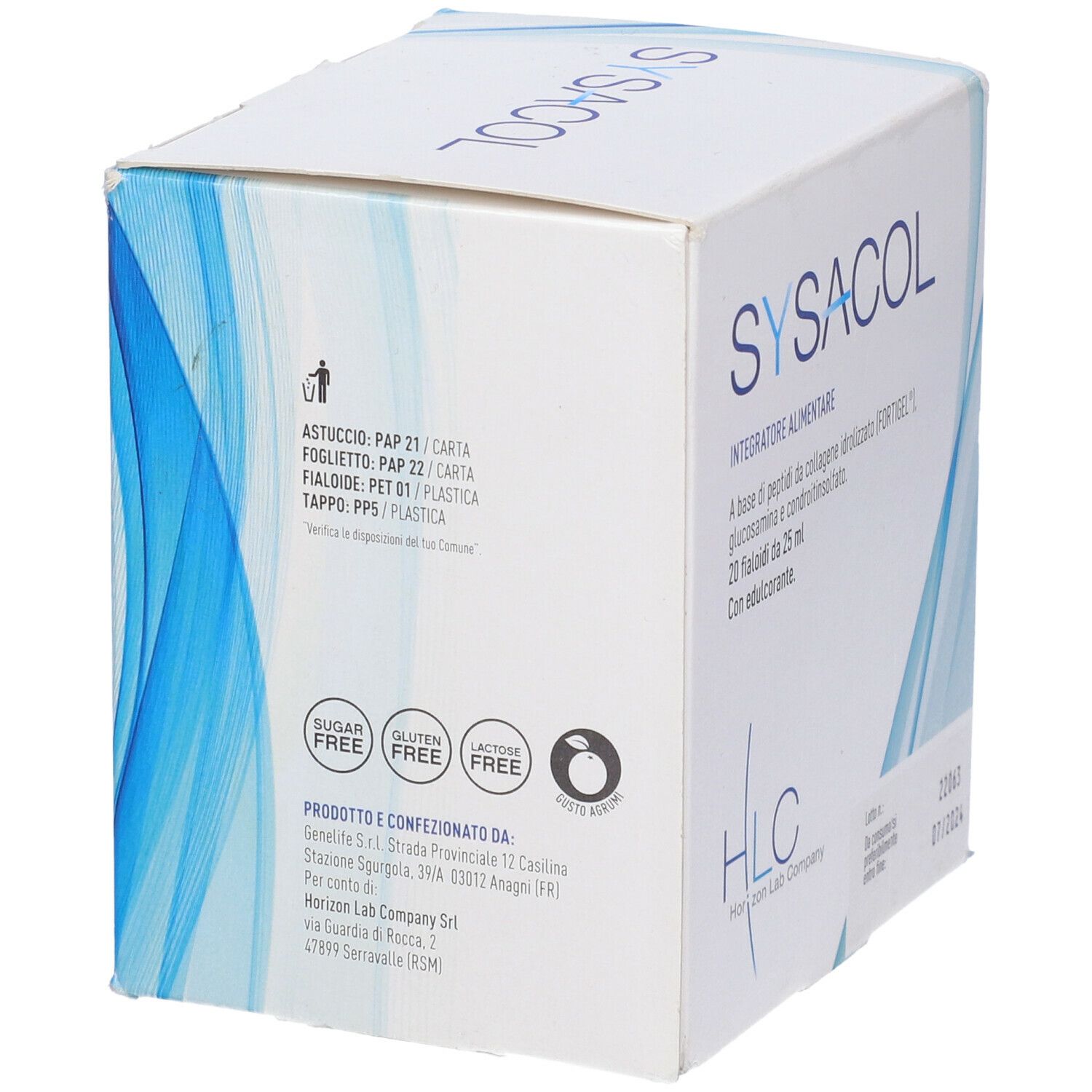 Scatola Sysacol con onde blu. 20 fiale da 25 ml. Senza zucchero, glutine e lattosio. Ingredienti: peptidi, glucosamina, condroitina. Logo HLC.