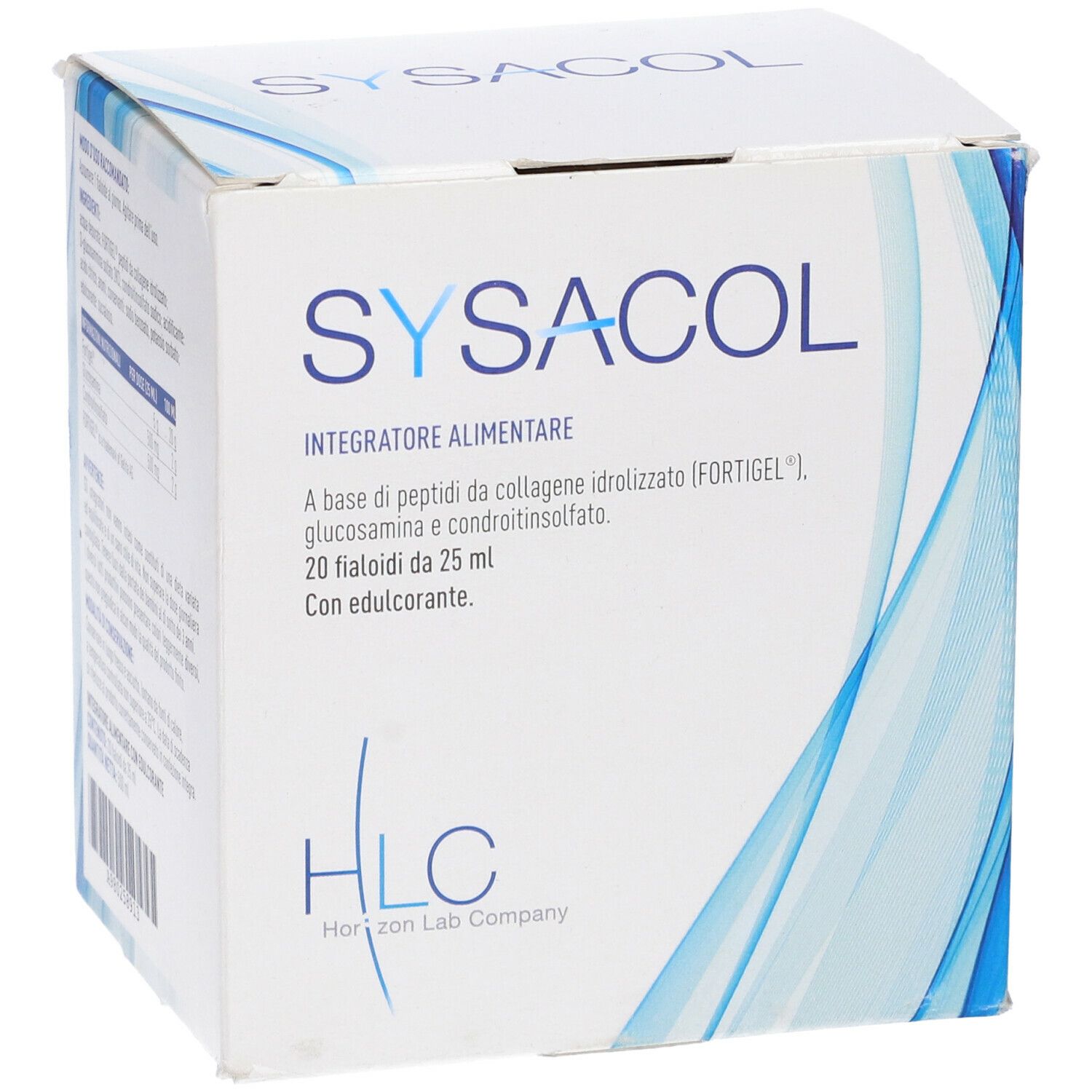 Scatola Sysacol. 20 fiale da 25 ml. Logo HLC. Onde blu. Ingredienti: peptidi, glucosamina, condroitina.