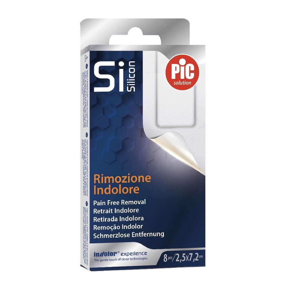 Confezione Si-Silicon. Testo: Rimozione Indolore, 8 pezzi, 2,5 x 7,2 cm. Marchio PIC solution.
