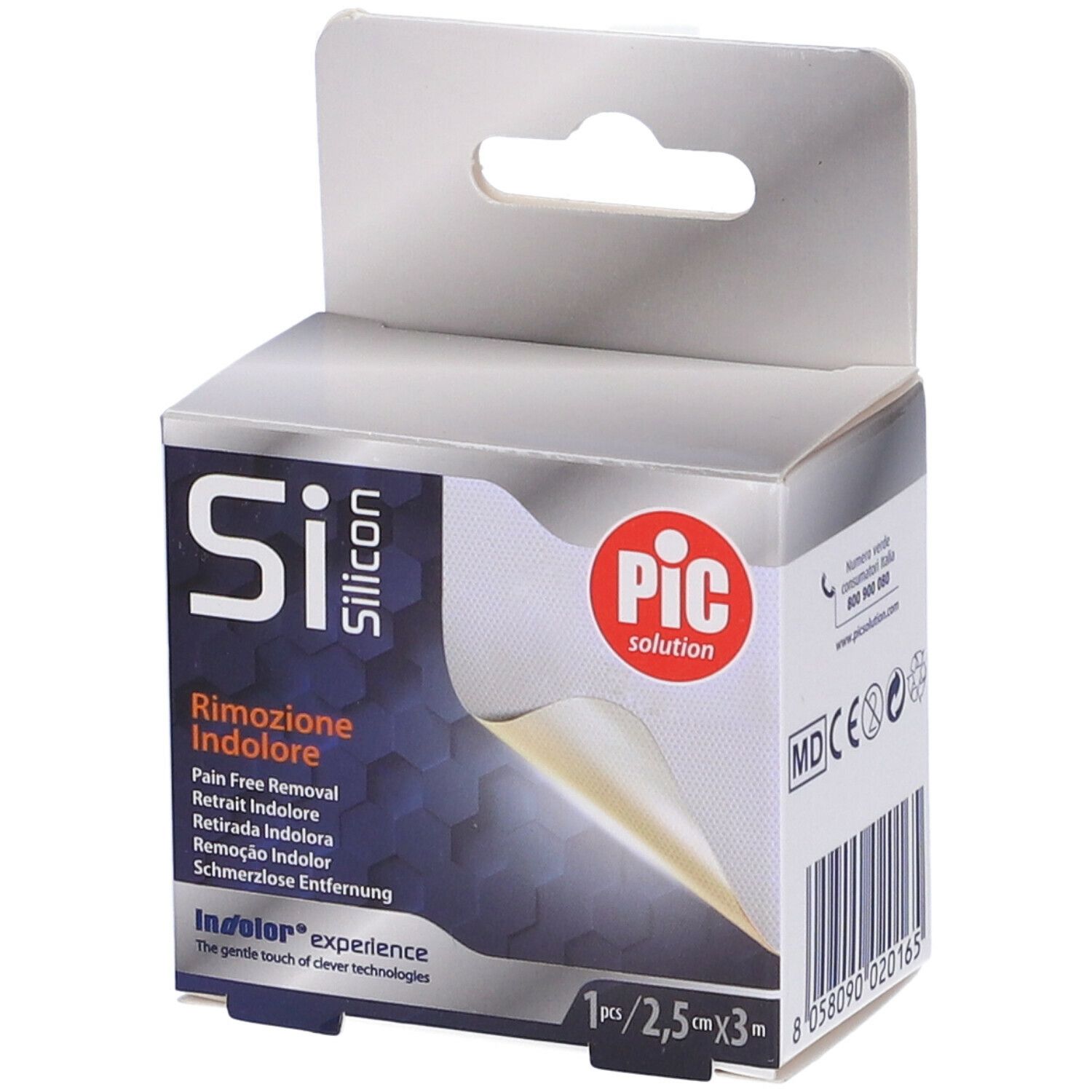Confezione Si-Silicon con prodotto. Scritta: Rimozione Indolore, PIC solution. Contiene 1 pezzo, 2,5 cm x 3 m.