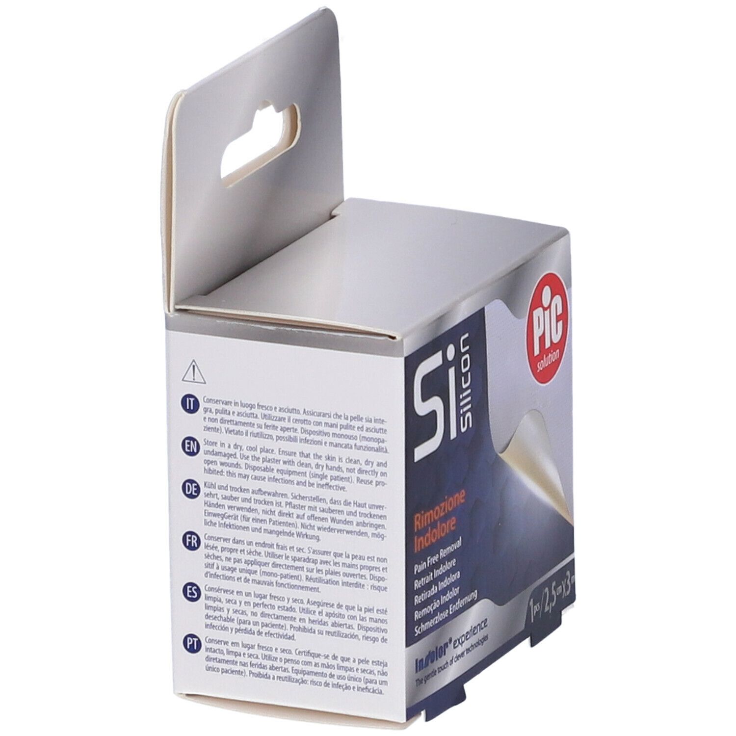 Confezione Si-Silicon. Scritta: Rimozione Indolore, PIC solution. Contiene 1 pezzo, 2,5 cm x 3 m. Testi multilingue.