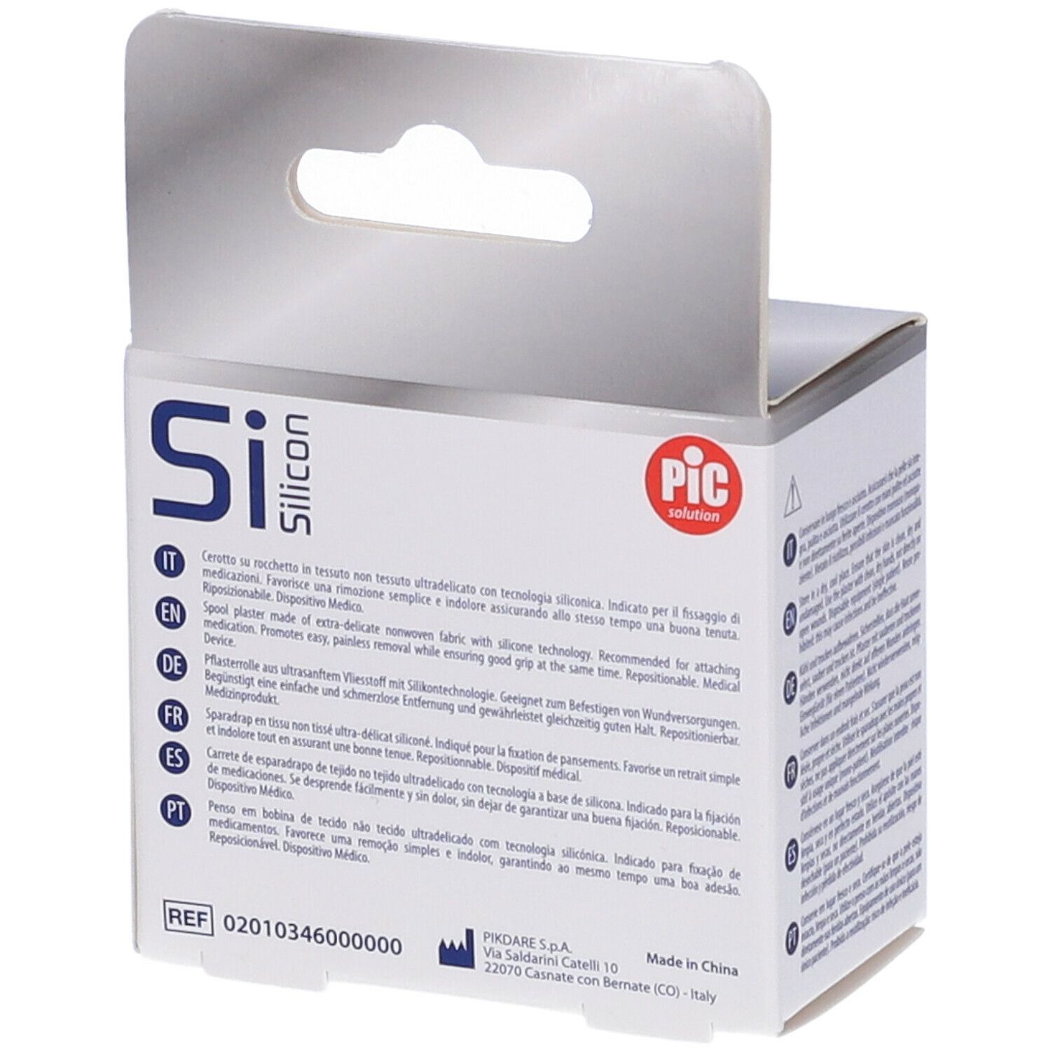 Confezione Si-Silicon. Scritta: Rimozione Indolore, PIC solution. Contiene 1 pezzo, 2,5 cm x 3 m. Testi multilingue.