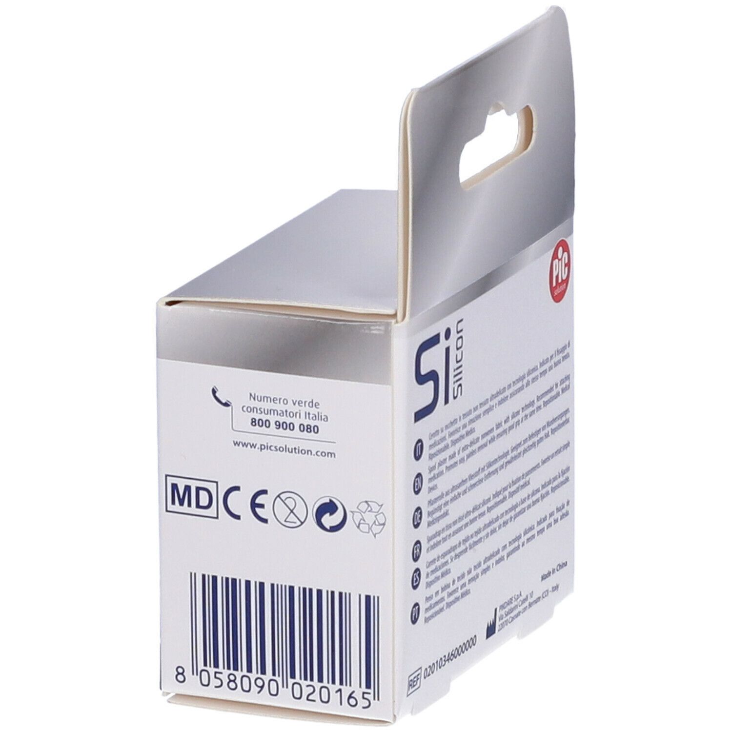Confezione Si-Silicon. Scritta: Rimozione Indolore, PIC solution. Contiene 1 pezzo, 2,5 cm x 3 m. Testi multilingue.