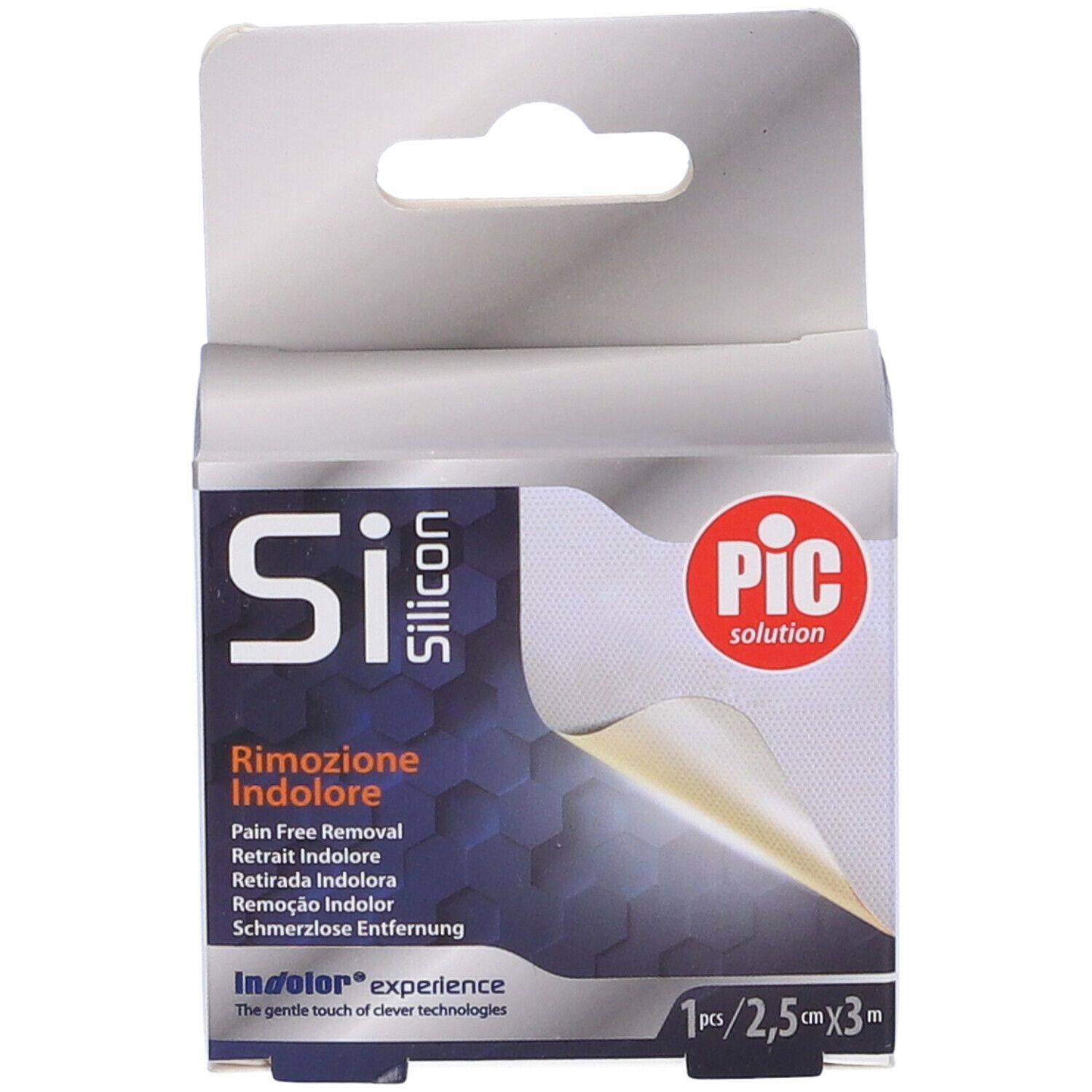 Confezione Si-Silicon. Scritta: Rimozione Indolore, PIC solution. Contiene 1 pezzo, 2,5 cm x 3 m.