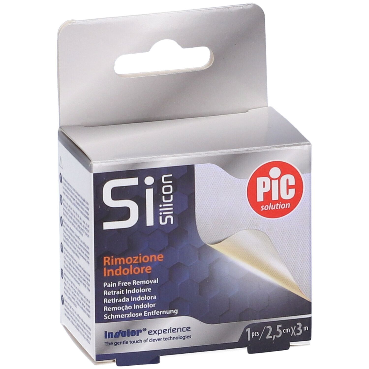 Confezione Si-Silicon. Scritta: Rimozione Indolore, PIC solution. Contiene 1 pezzo, 2,5 cm x 3 m.