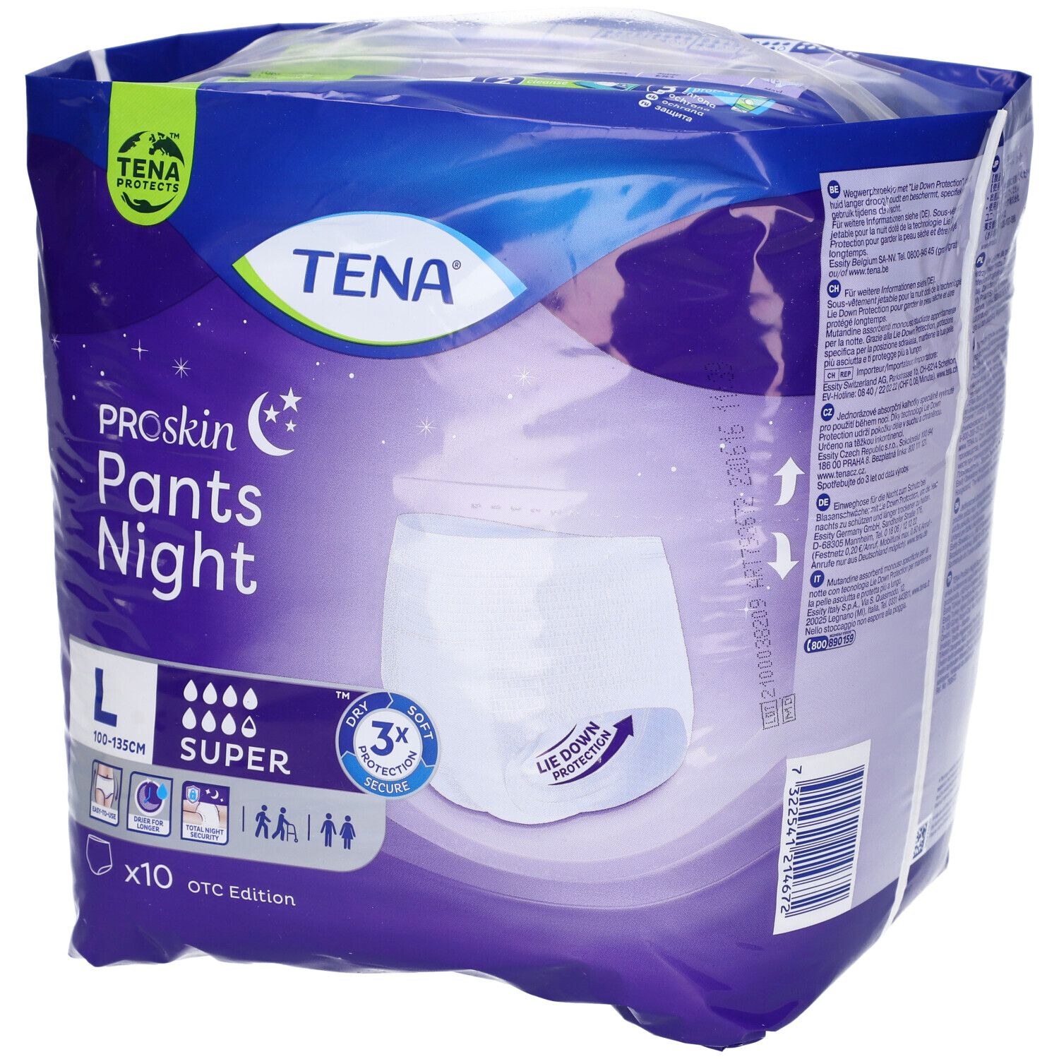TENA ProSkin Pants Night, taglia L, in confezione di plastica. Immagine del prodotto e logo sulla confezione.