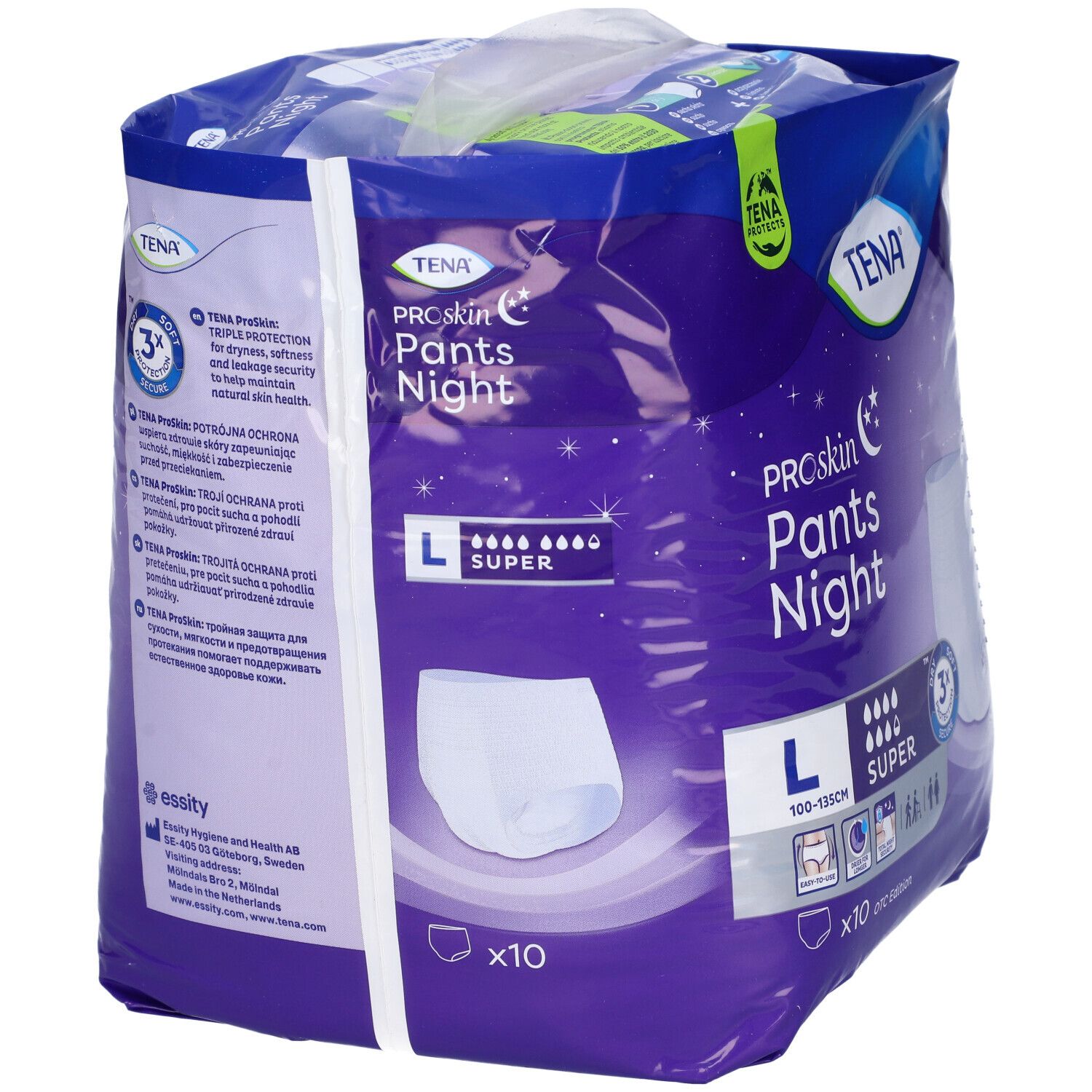 TENA ProSkin Pants Night, taglia L, in confezione di plastica. Retro con informazioni e logo del prodotto.