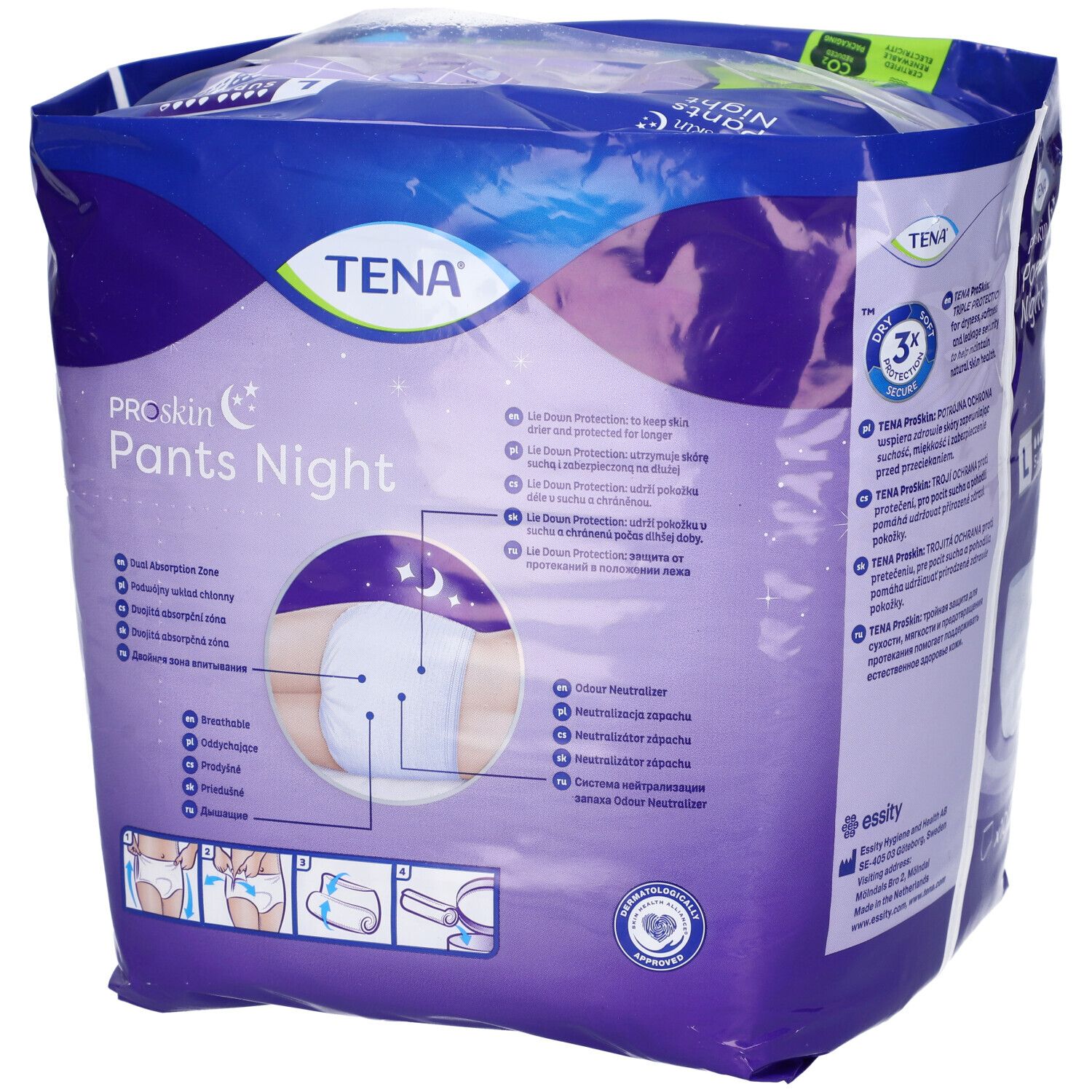 TENA ProSkin Pants Night, taglia L, in confezione di plastica. Vista dettagliata con informazioni e logo.
