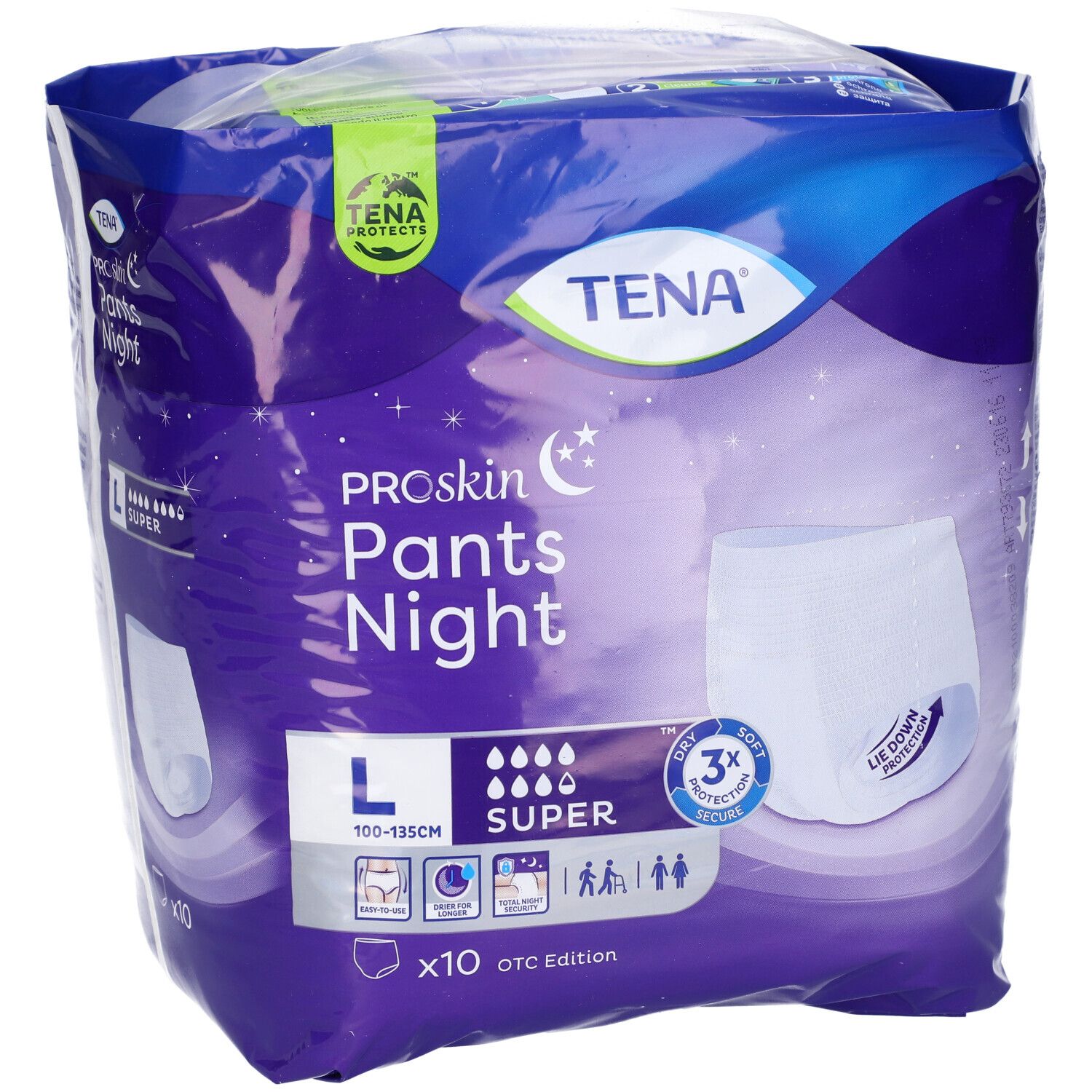 TENA ProSkin Pants Night, taglia L, in confezione di plastica. Immagine del prodotto e logo sulla confezione.