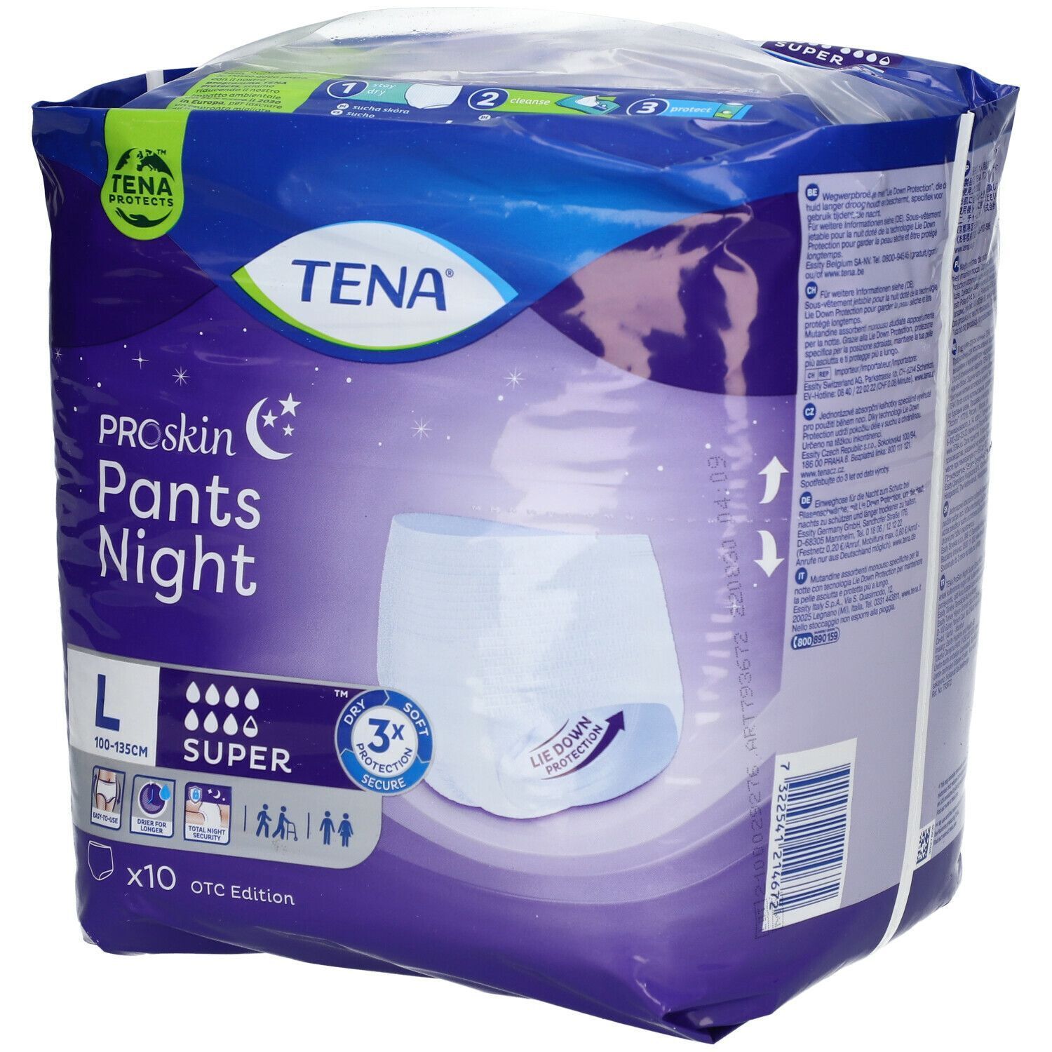 TENA ProSkin Pants Night, taglia L, in confezione di plastica. Immagine del prodotto e logo sulla confezione.