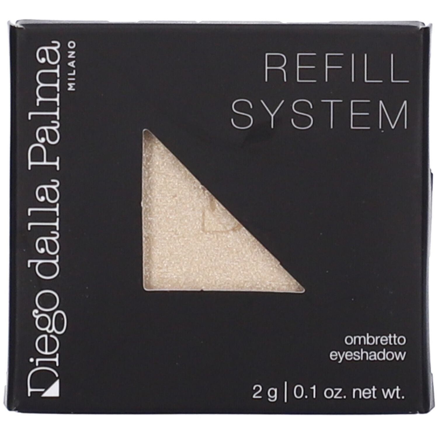 Confezione quadrata nera con ombretto champagne chiaro. Visibili "Diego dalla Palma Milano" e "Refill System".