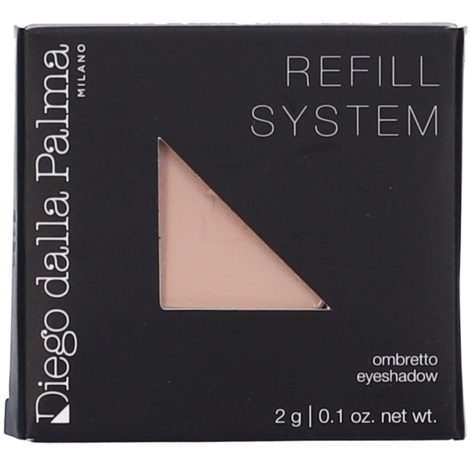 Confezione quadrata nera con ombretto beige. Testo: Diego dalla Palma Milano, Refill System, Ombretto, 2 g.
